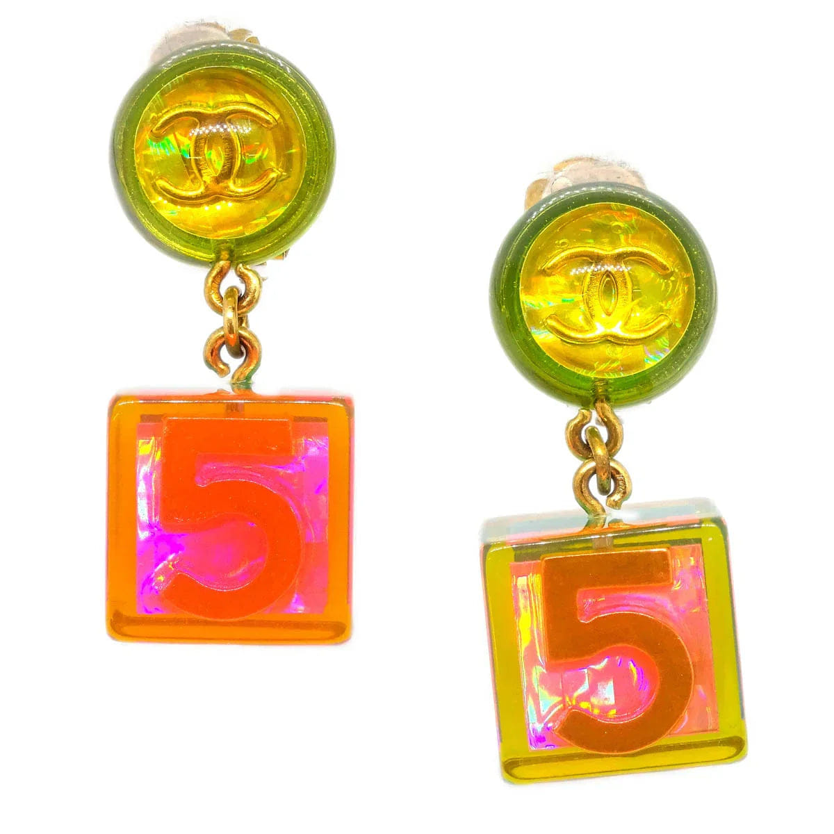 Chanel Dangle Cube Earrings Clip - On Gold 97P