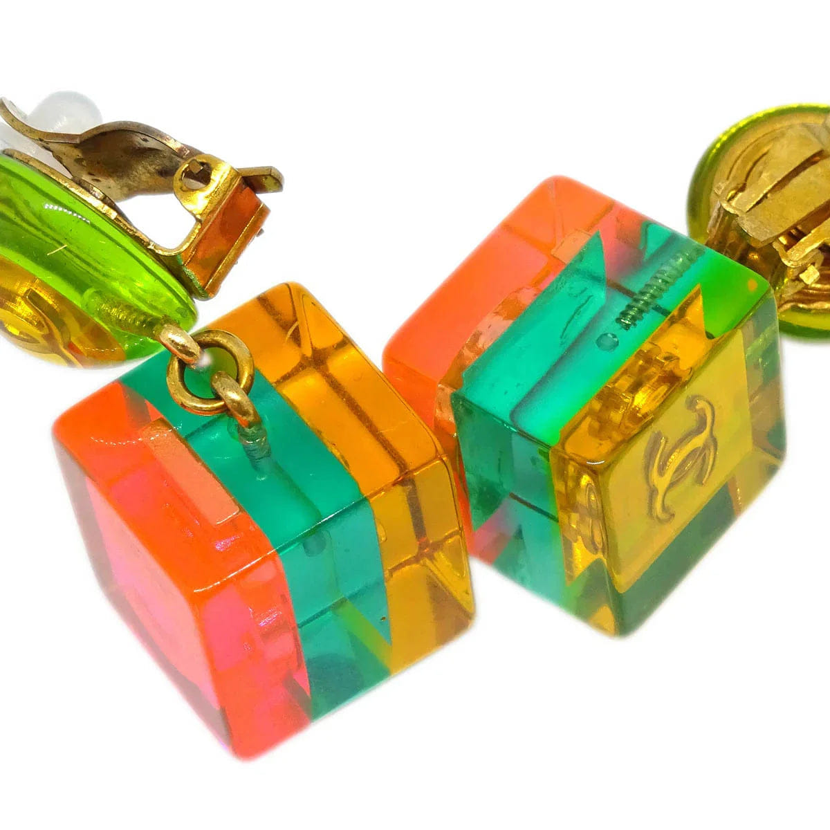 Chanel Dangle Cube Earrings Clip - On Gold 97P