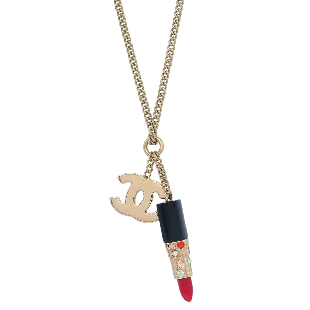 Chanel Lipstick Gold CC Pendant Necklace Rhinestone 04A