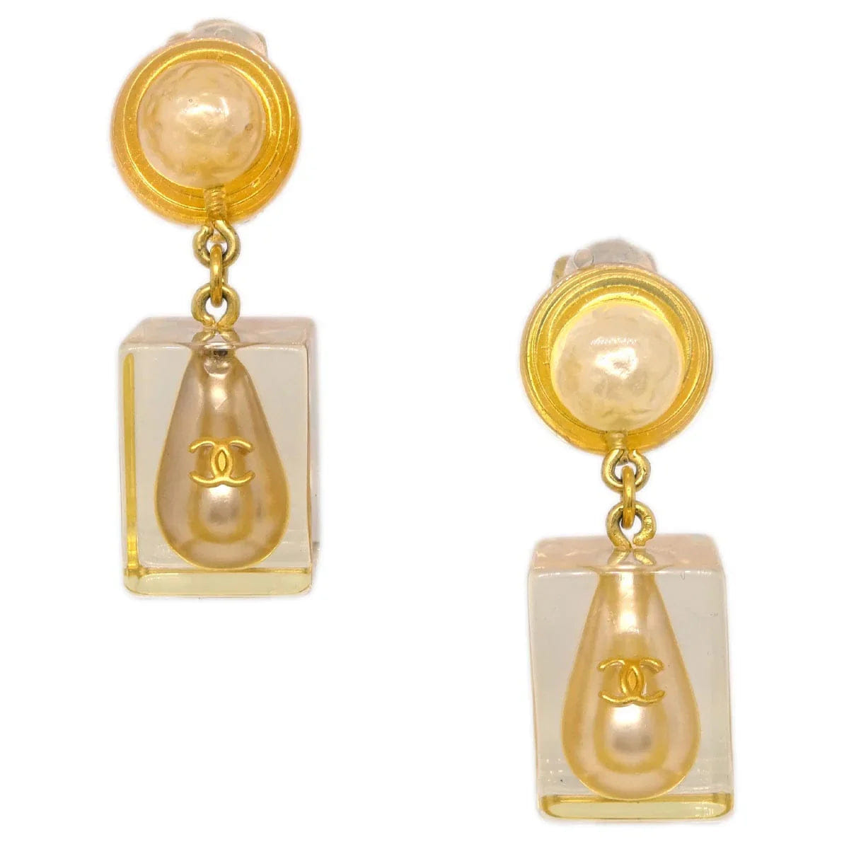 Chanel Dangle Earrings Clip - On Gold Acrylic 97P