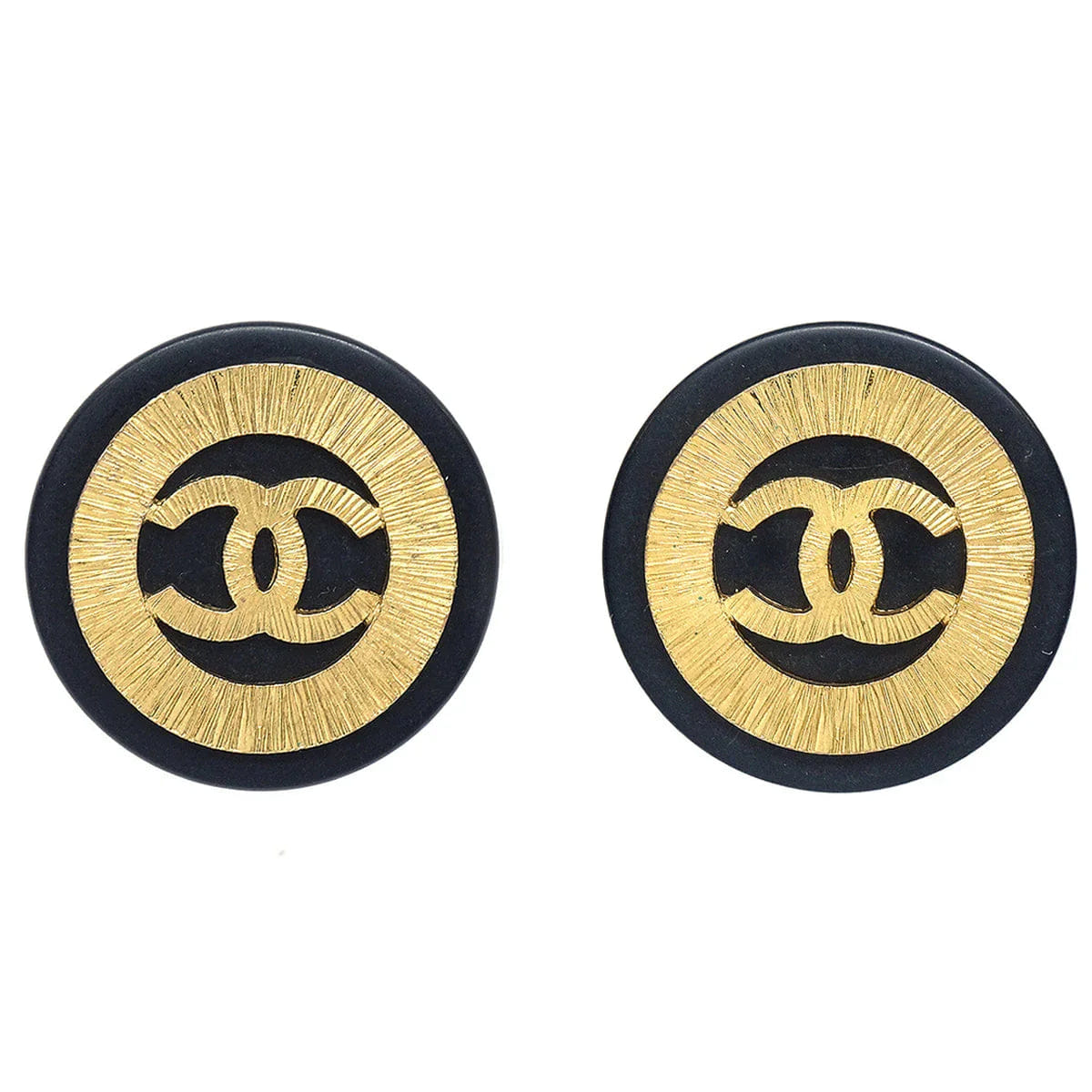 Chanel 1993 Black & Gold Button Earrings Clip - On 28