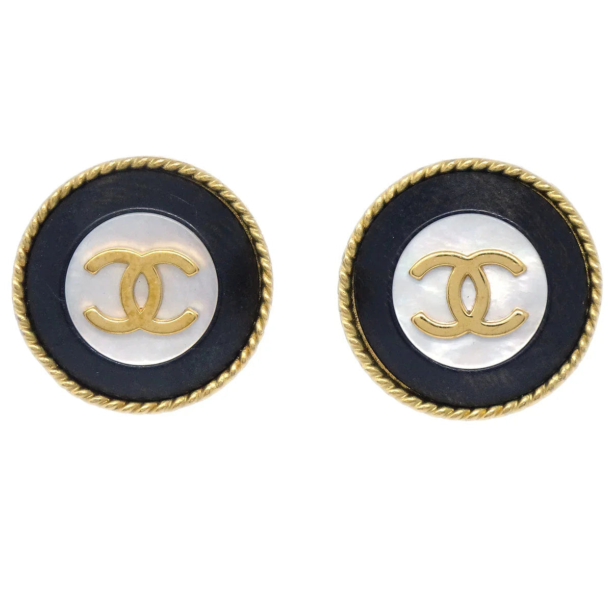 Chanel 1994 Mother of Pearl CC Rope Edge Button Earrings