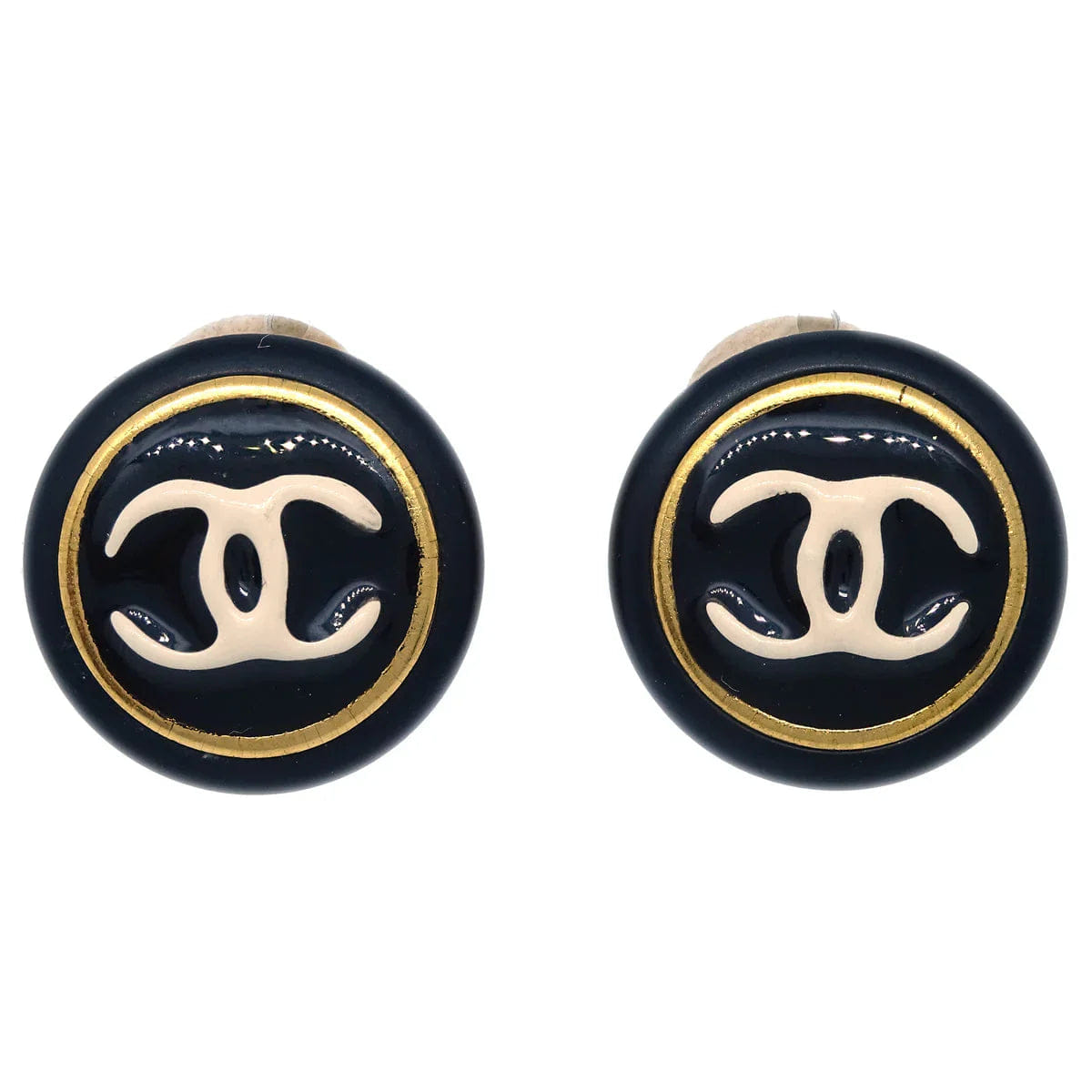Chanel Button Earrings Clip - On Black Gold 95A