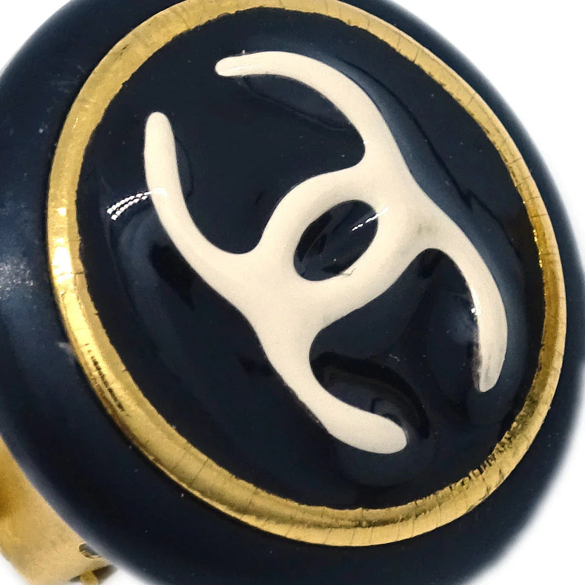 Chanel Button Earrings Clip - On Black Gold 95A