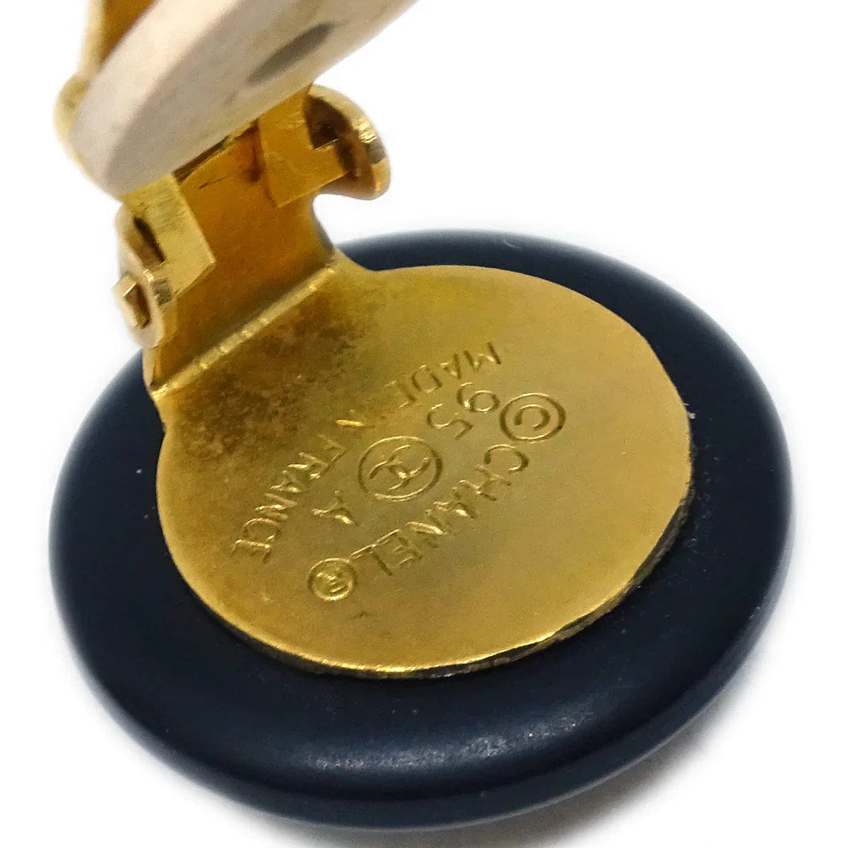 Chanel Button Earrings Clip - On Black Gold 95A