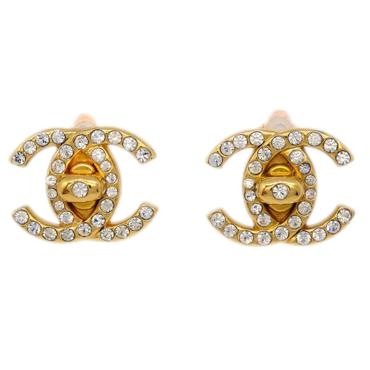 Chanel Gold CC Turnlock Earrings Rhinestone Clip - On 96A