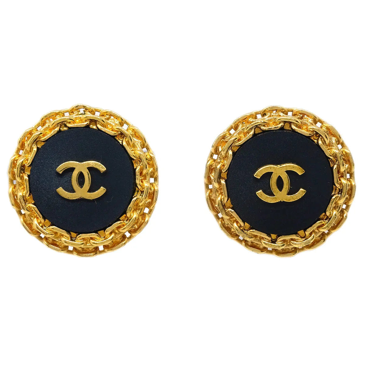 Chanel Button Earrings Clip - On Black Gold 27