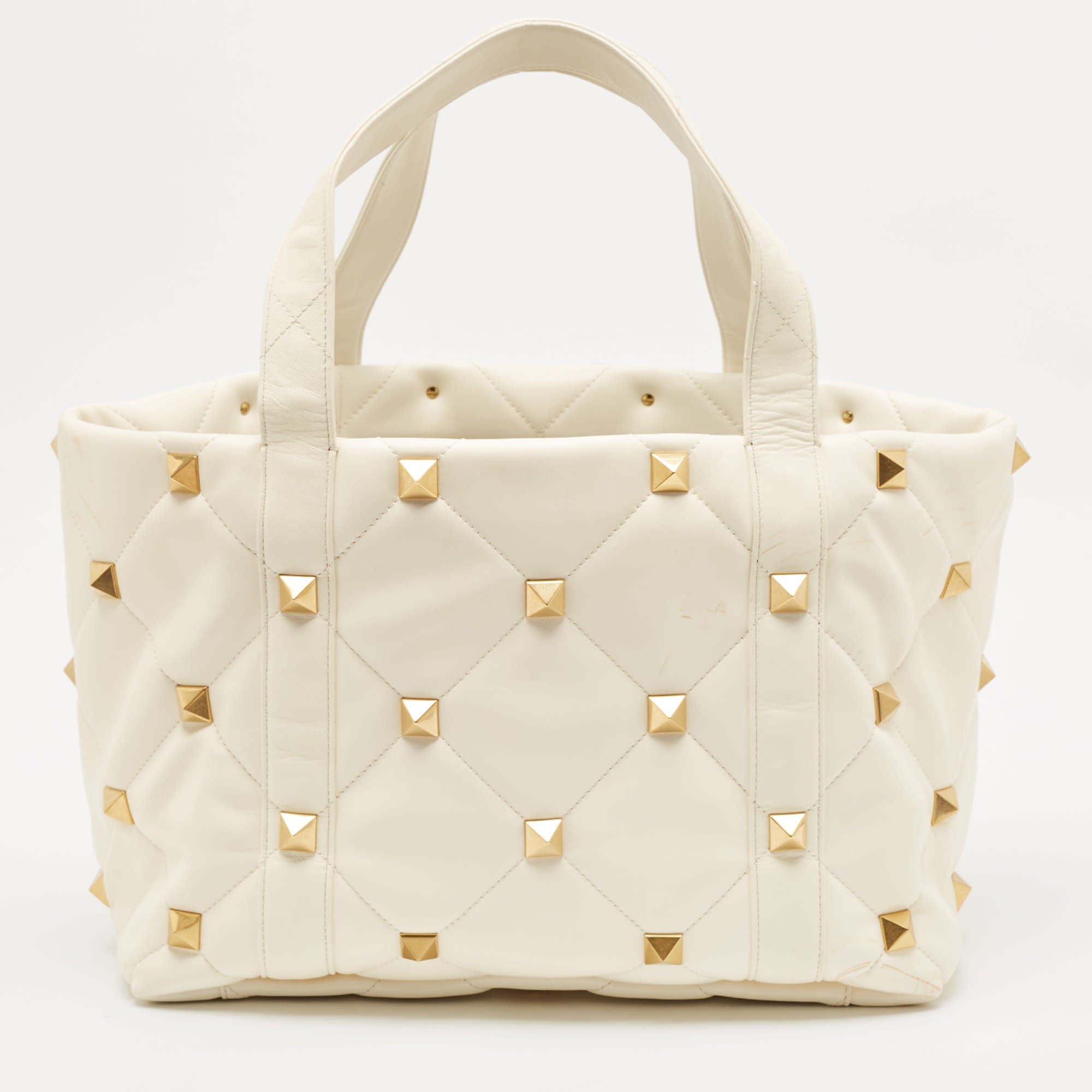 Off-White Valentino Off White Leather Roman Stud Shopper Tote