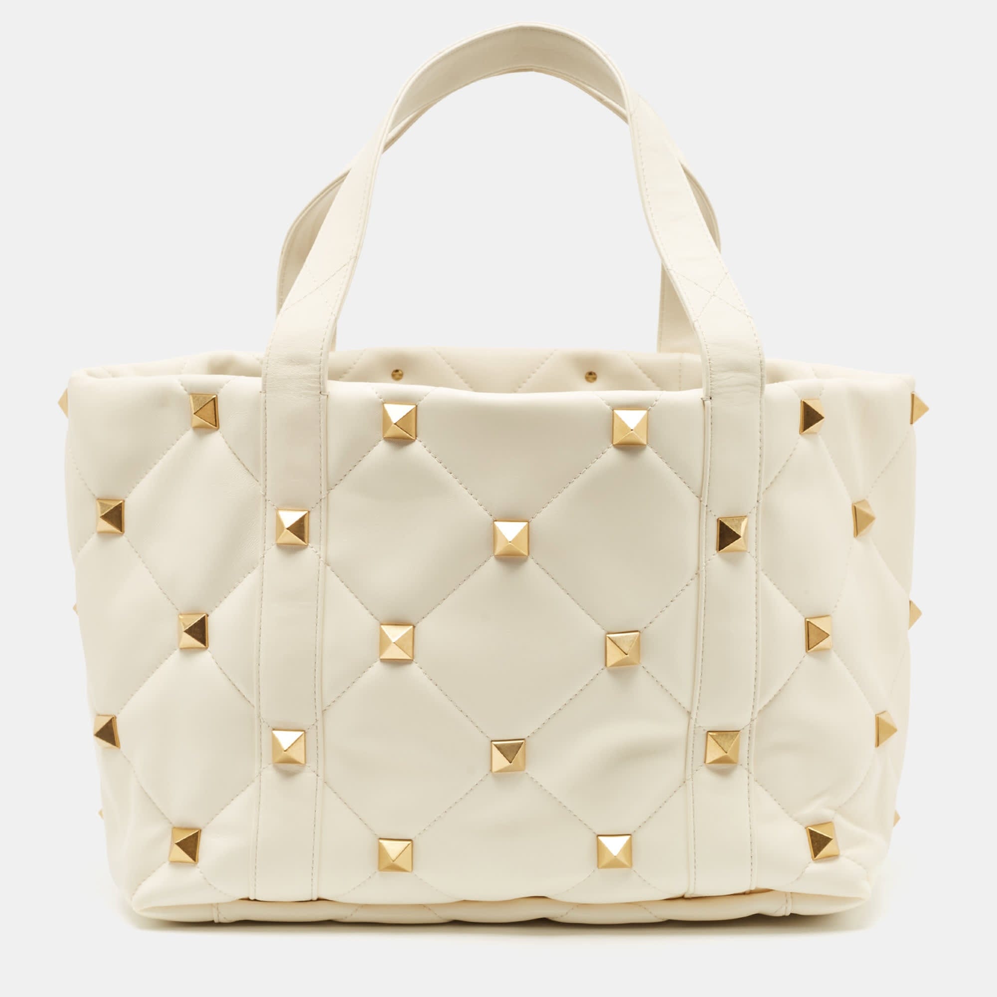 Off-White Valentino Off White Leather Roman Stud Shopper Tote