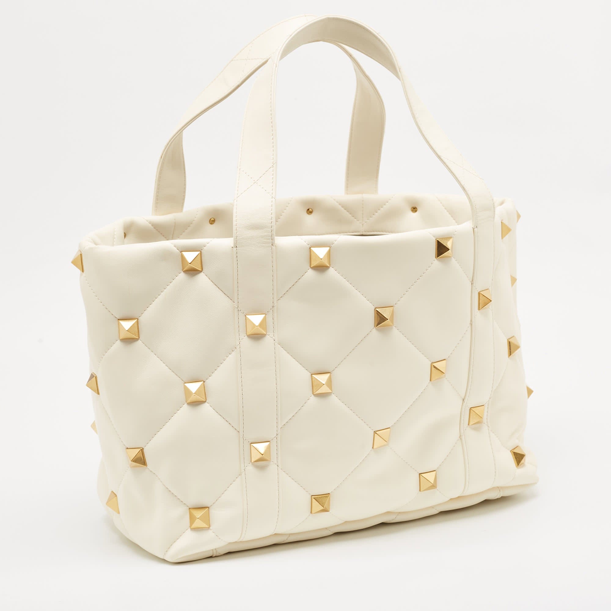 Off-White Valentino Off White Leather Roman Stud Shopper Tote
