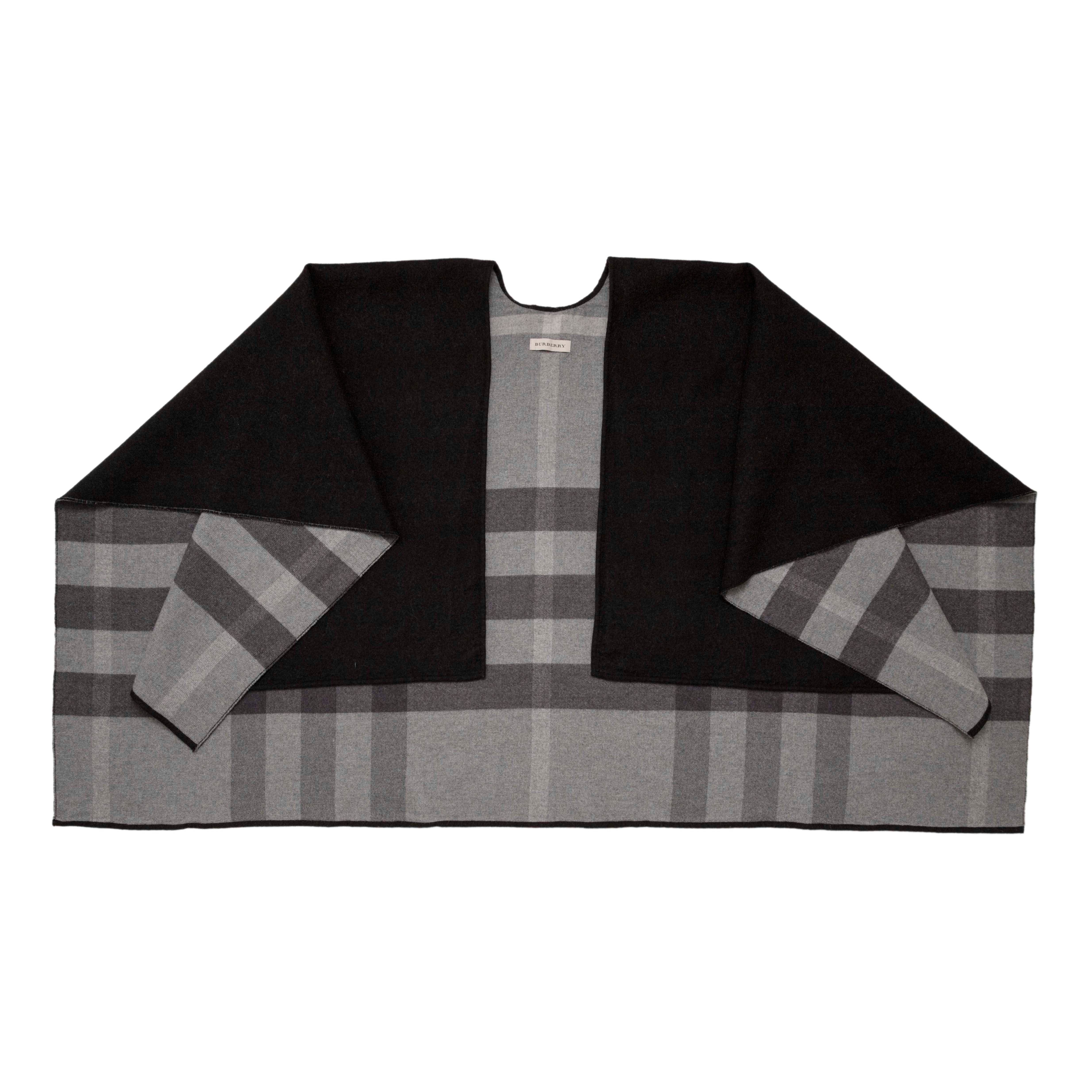 Burberry Black Grey Check Merino Wool Cape