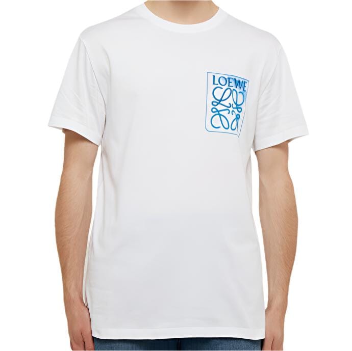 Loewe Anagram Blue Embroidered Logo on White T - Shirt
