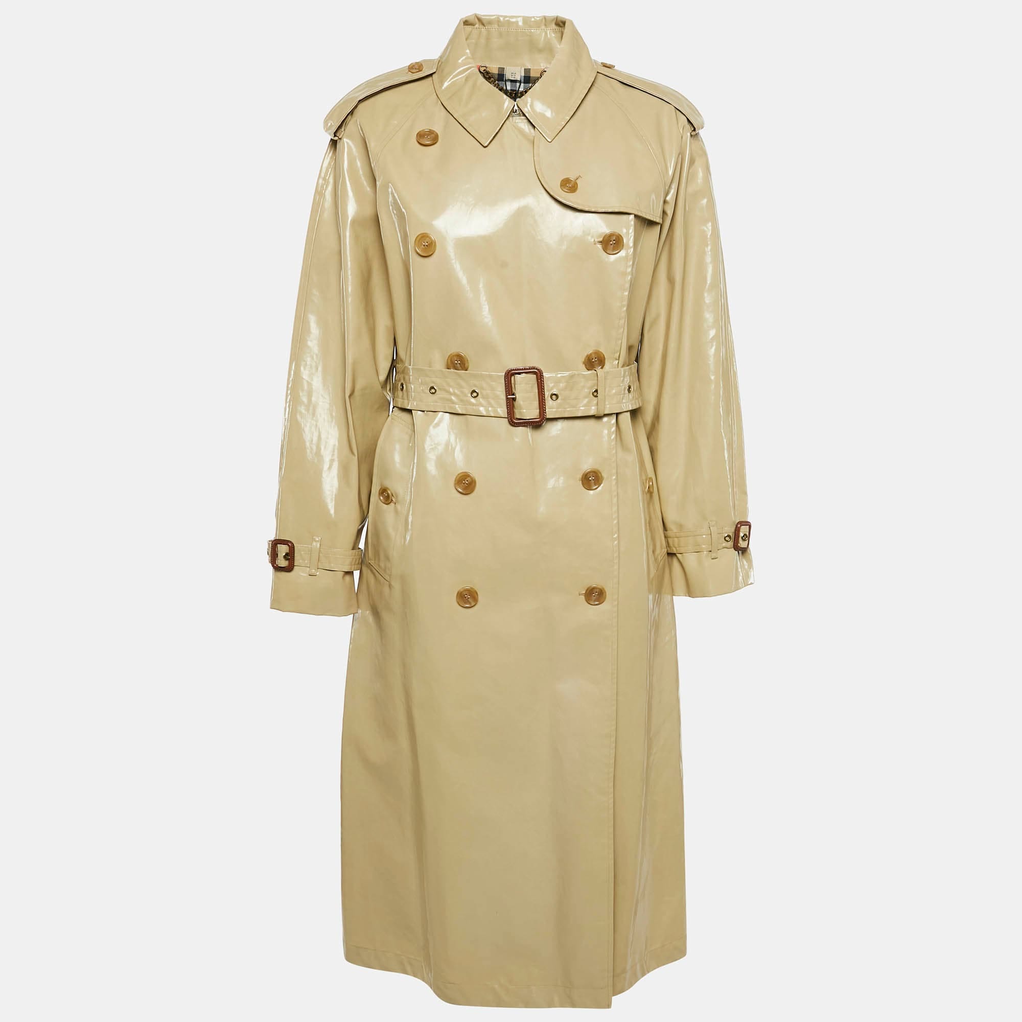 Burberry Honey Beige Coated Cotton Double Breasted Long Coat