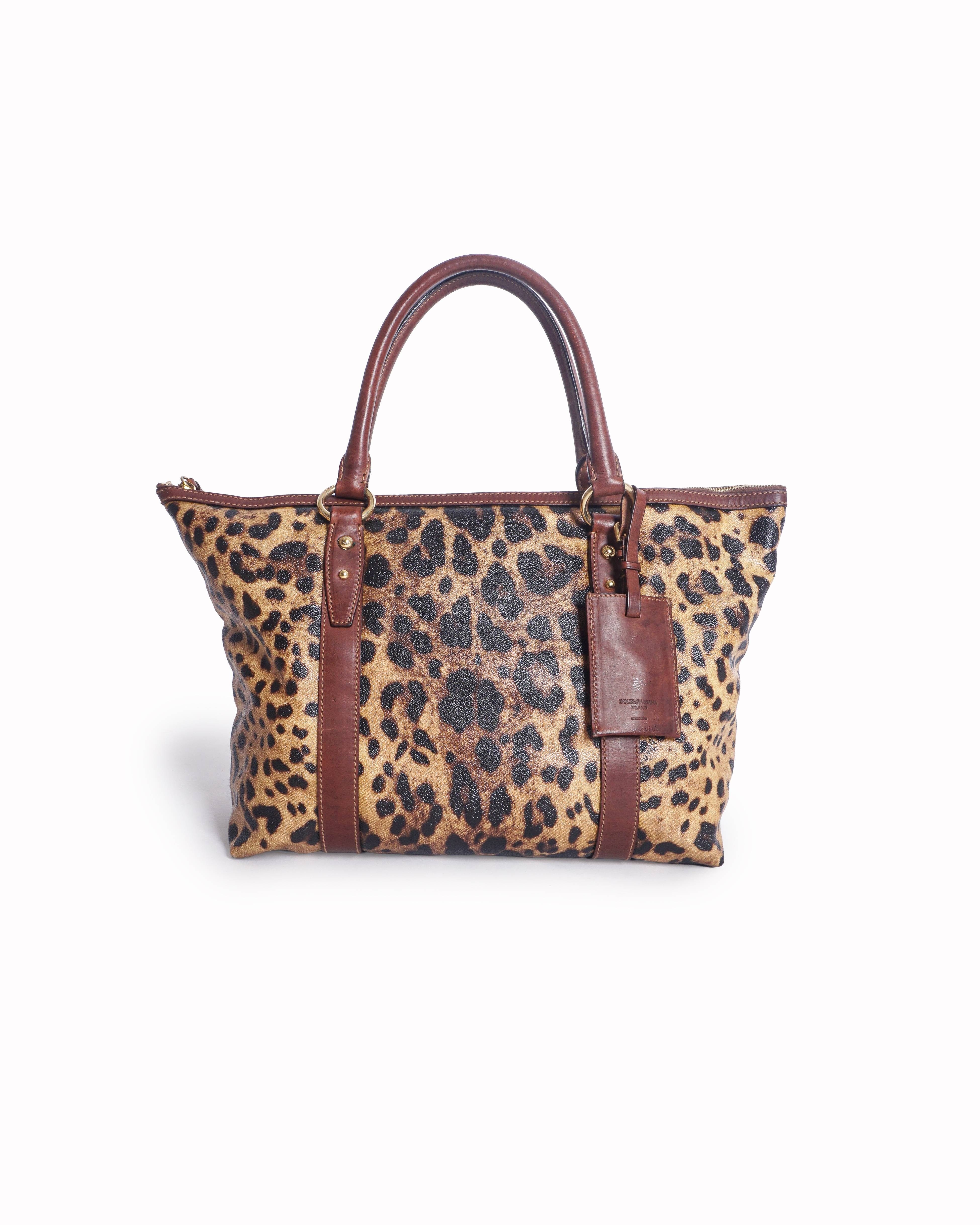 Dolce & Gabbana Leopard Print Leather Trim Tote Bag