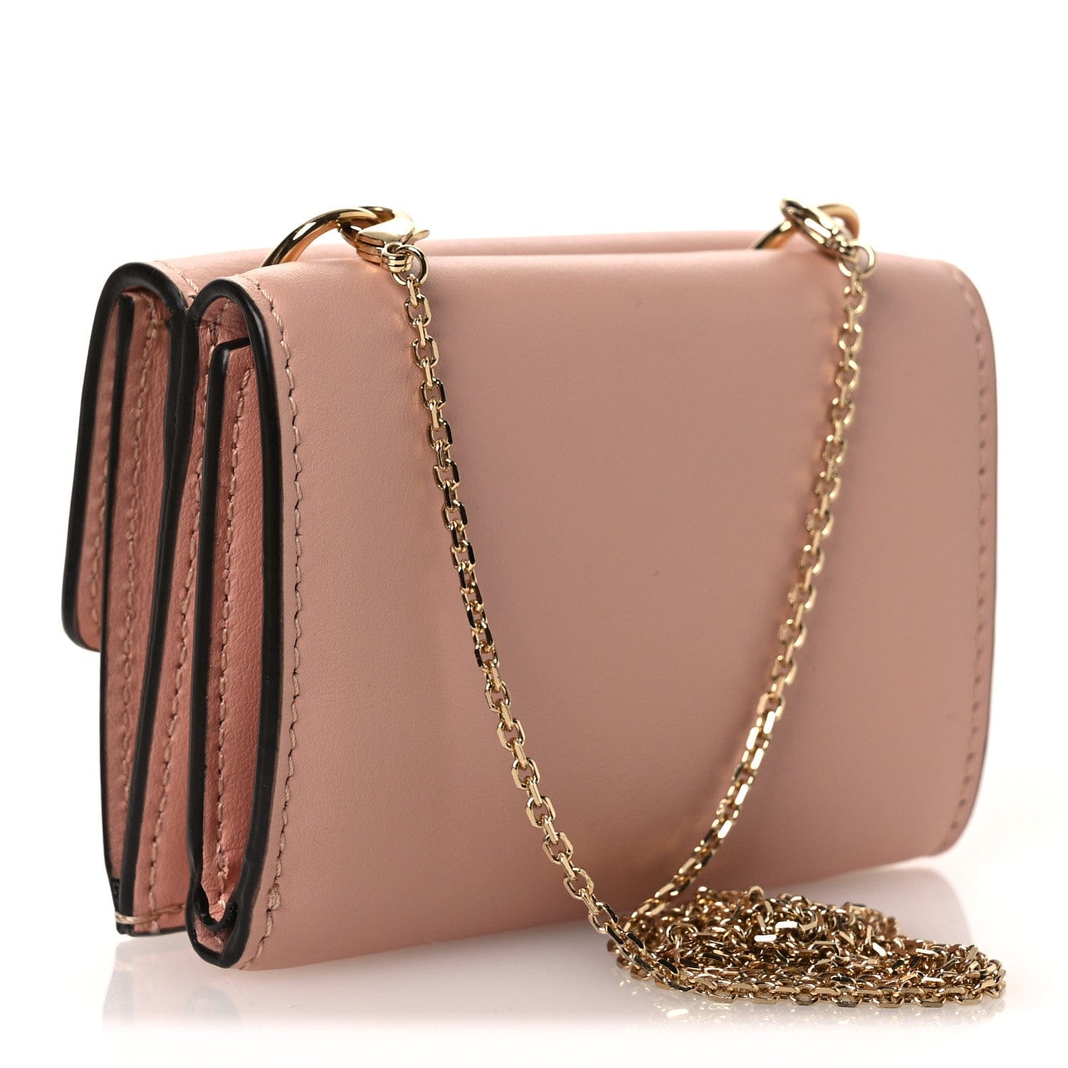 Fendi Vitello Kyoto Metal Fendi Roma Logo Micro Trifold Wallet with Chain Light Rose