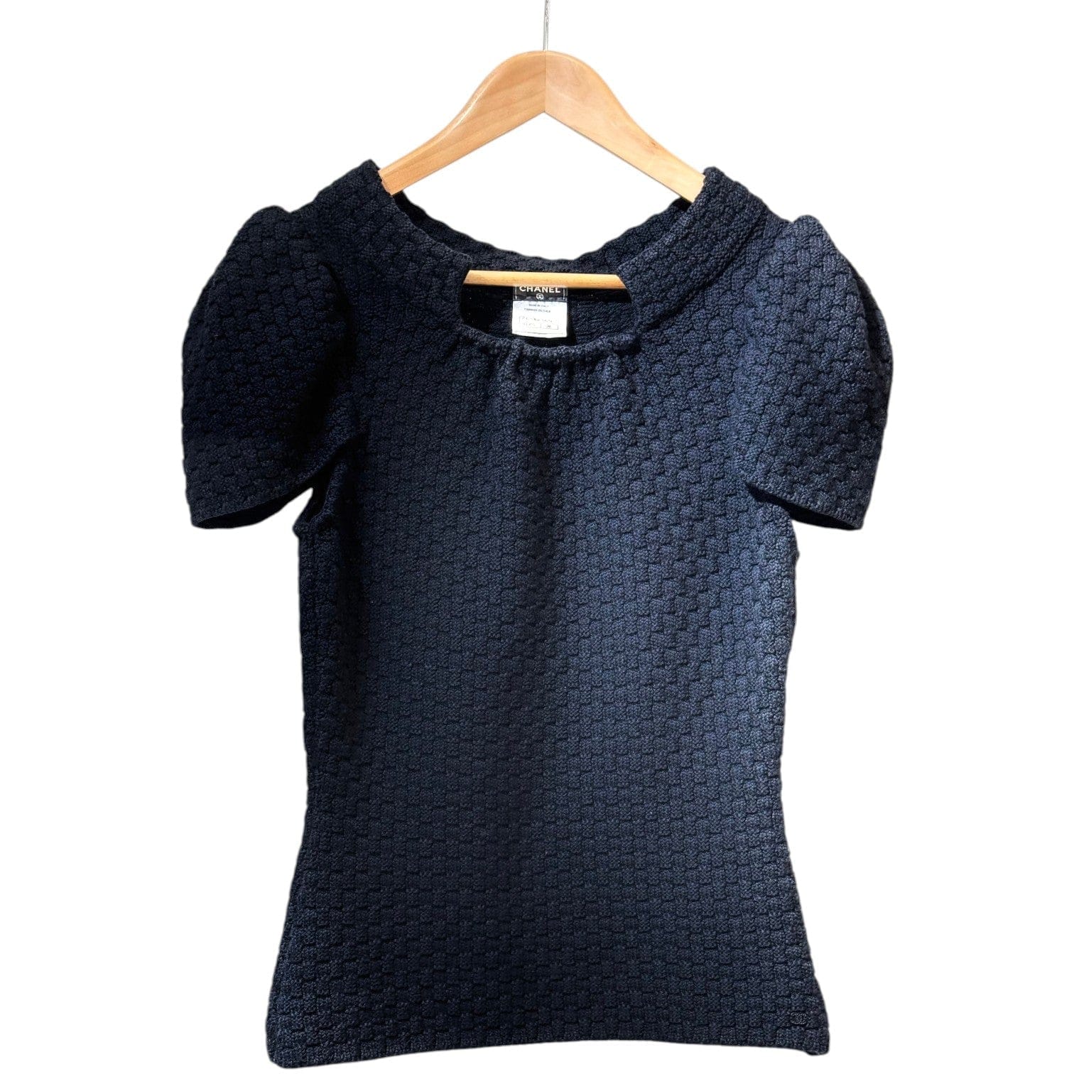 Chanel Black Wool Knit Short Sleeve Top - Size 38