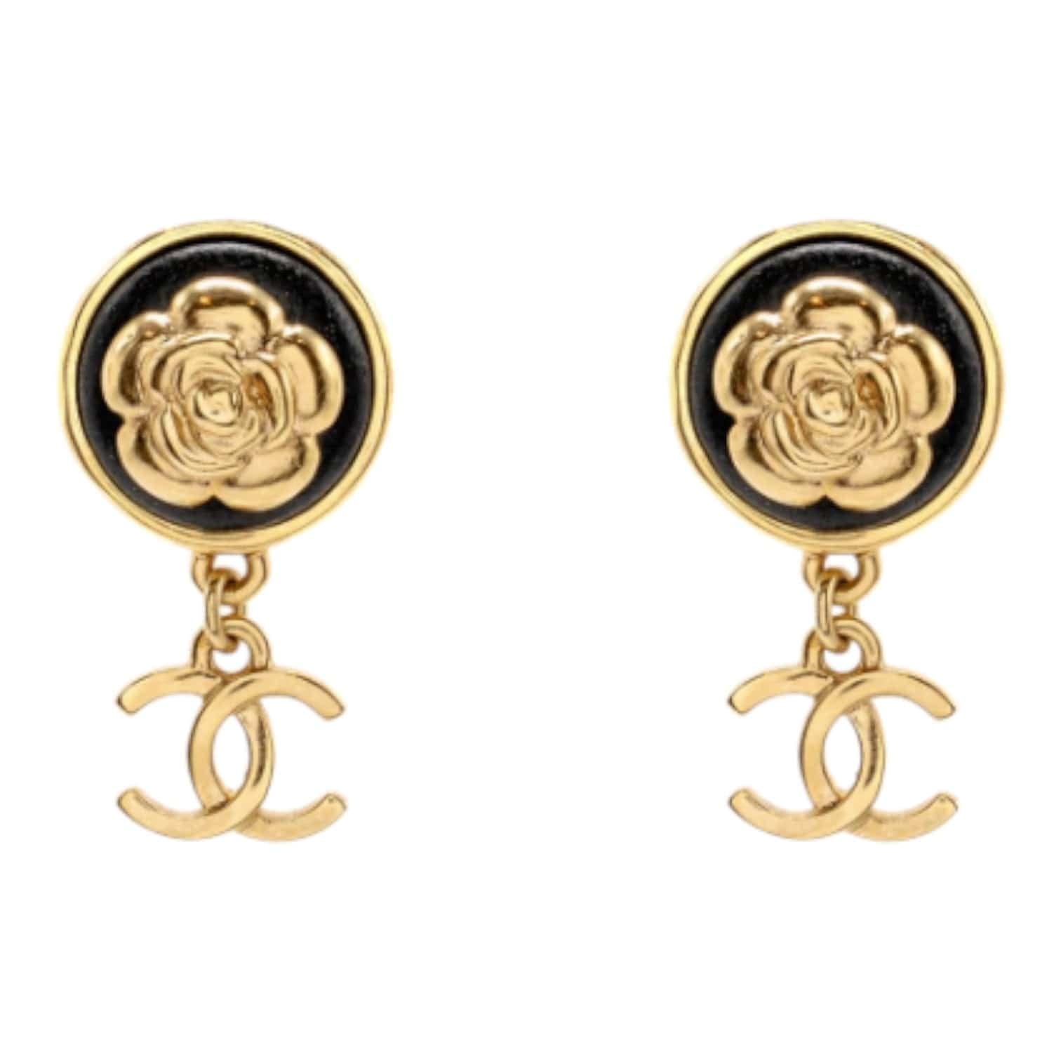 Chanel Round Camellia CC Drop Earrings Black Leather Gold Tone