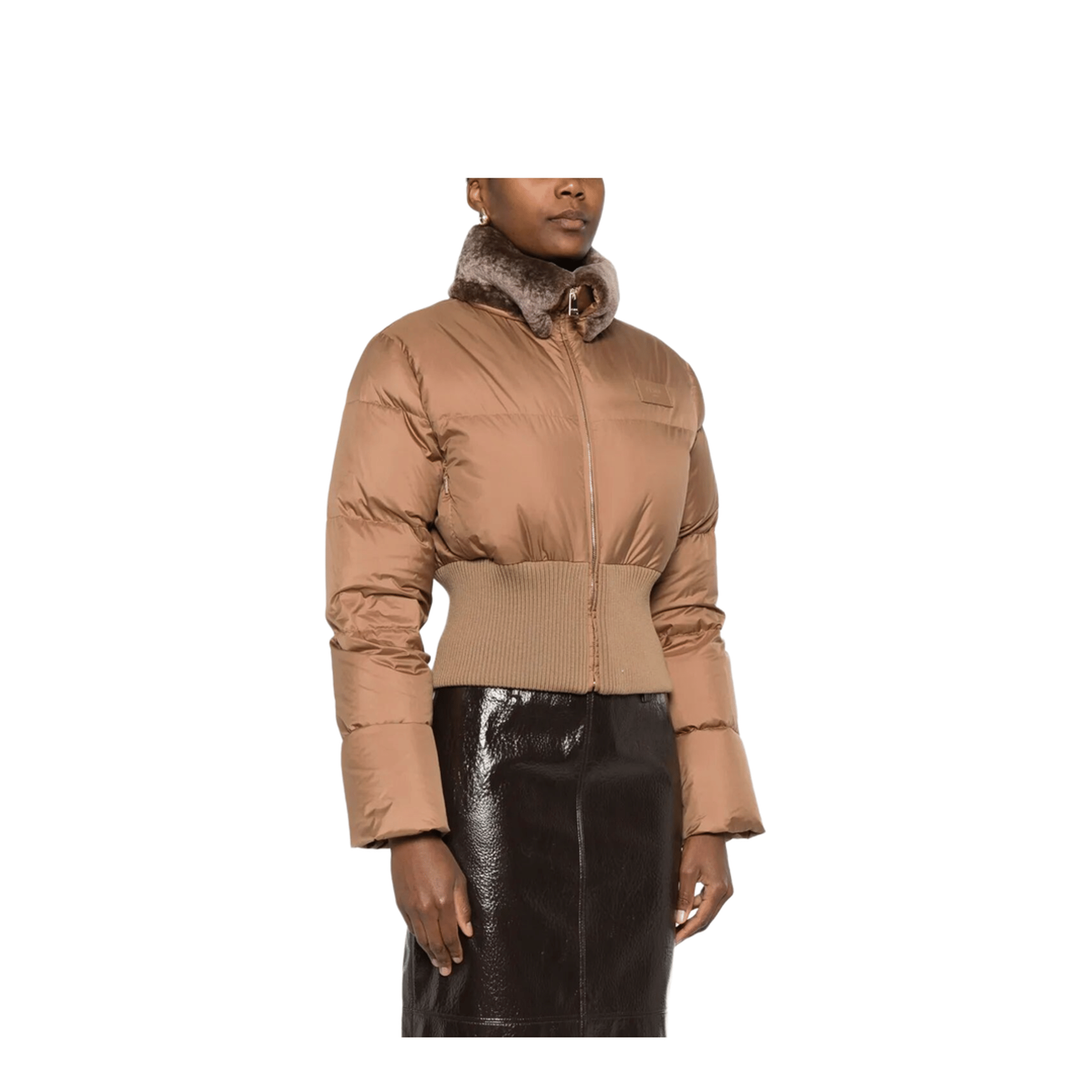 Fendi Short Padded Down Jacket With Shearling Collar