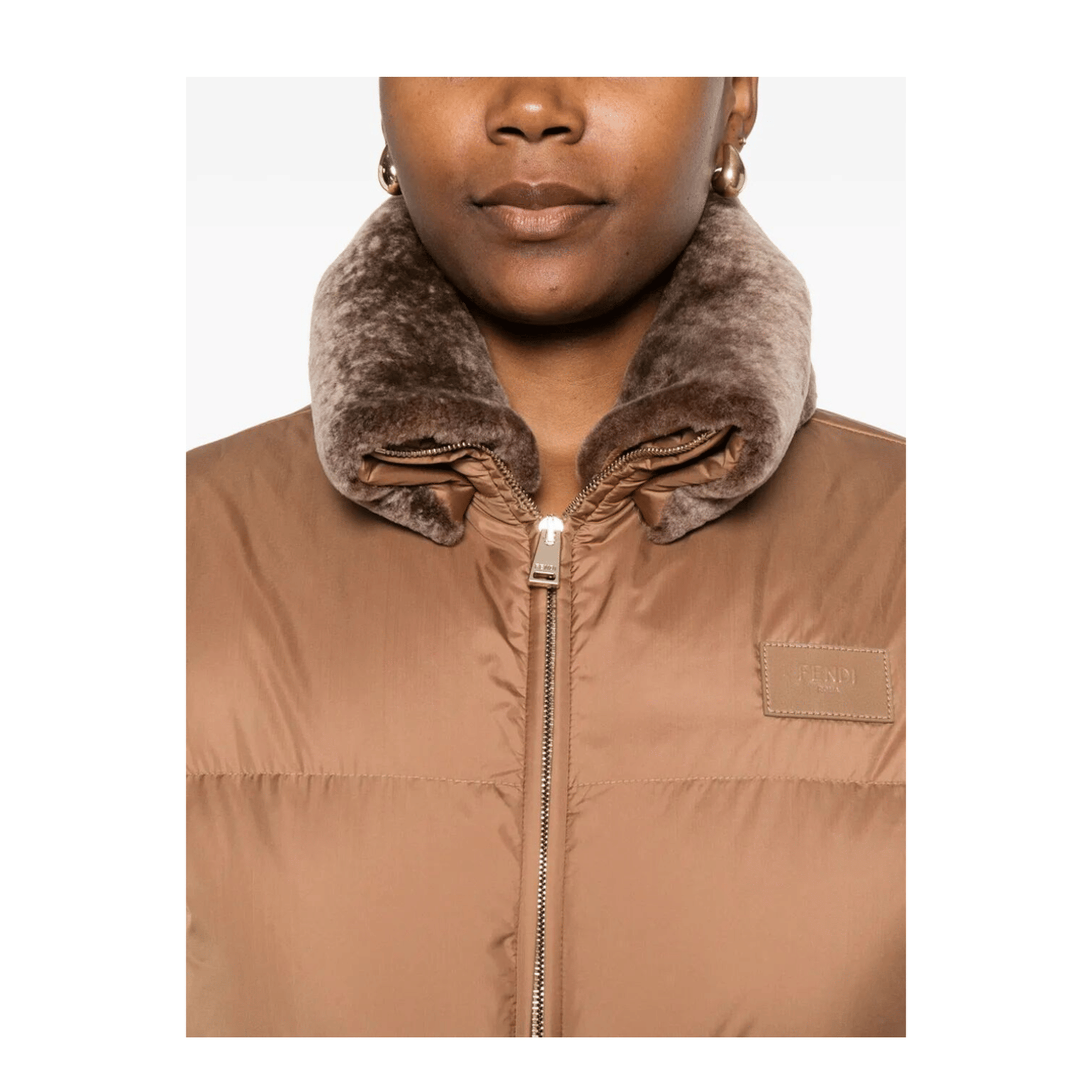 Fendi Short Padded Down Jacket With Shearling Collar