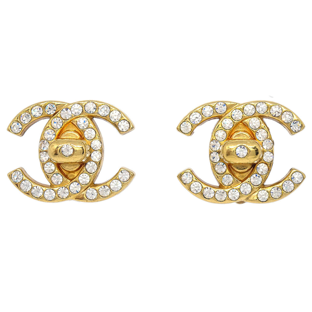 Chanel CC Turnlock Clip - On Earrings Gold Rhinestone Large 97P