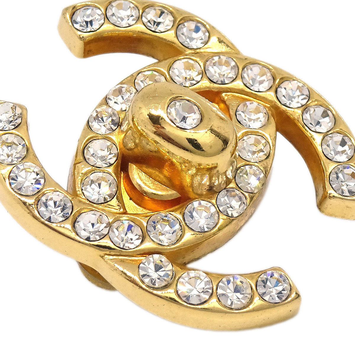 Chanel CC Turnlock Clip - On Earrings Gold Rhinestone Large 97P