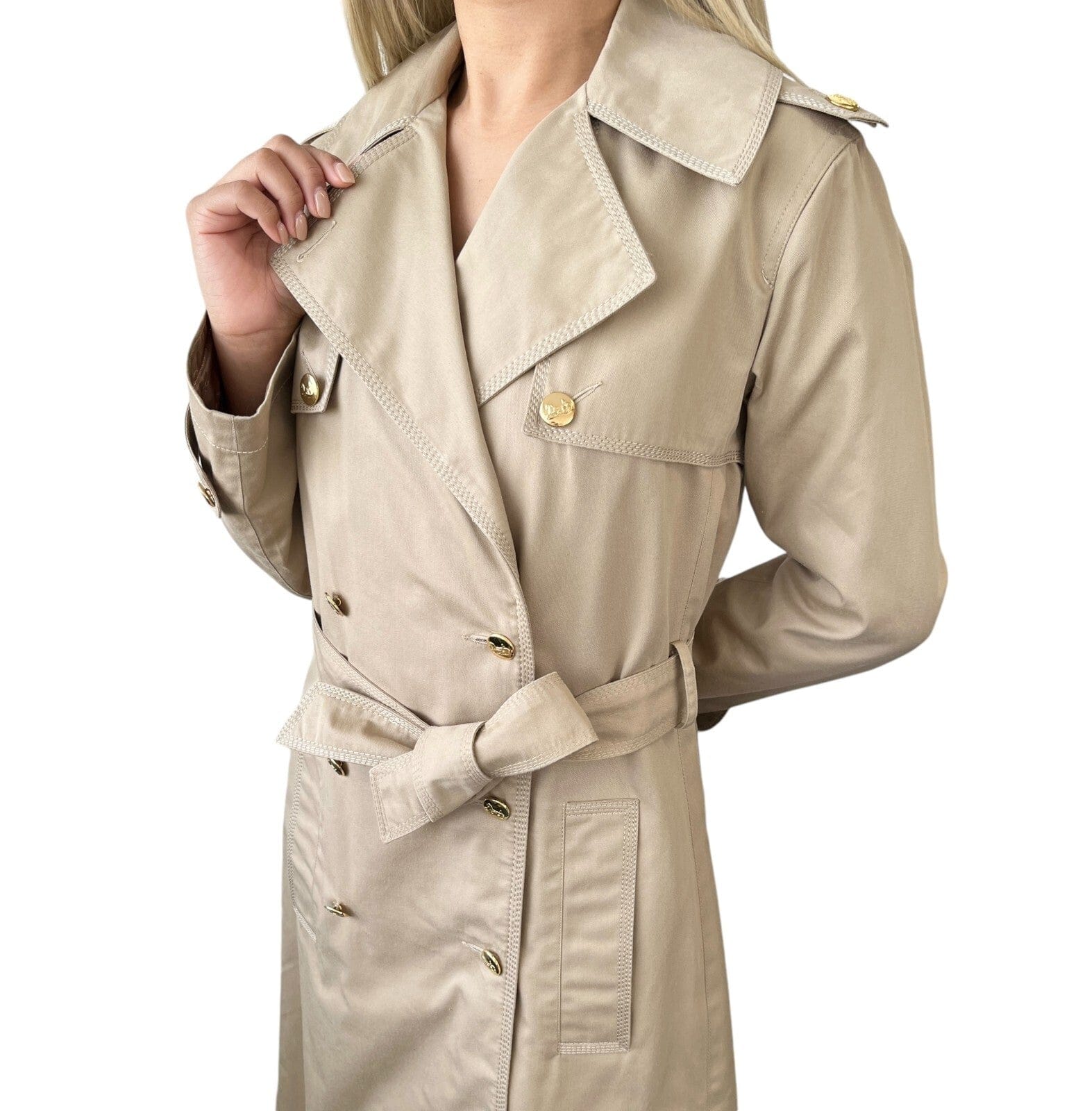 CELINE Vintage Logo Trench Coat #40 Light Brown Gold Cotton Button Stitch