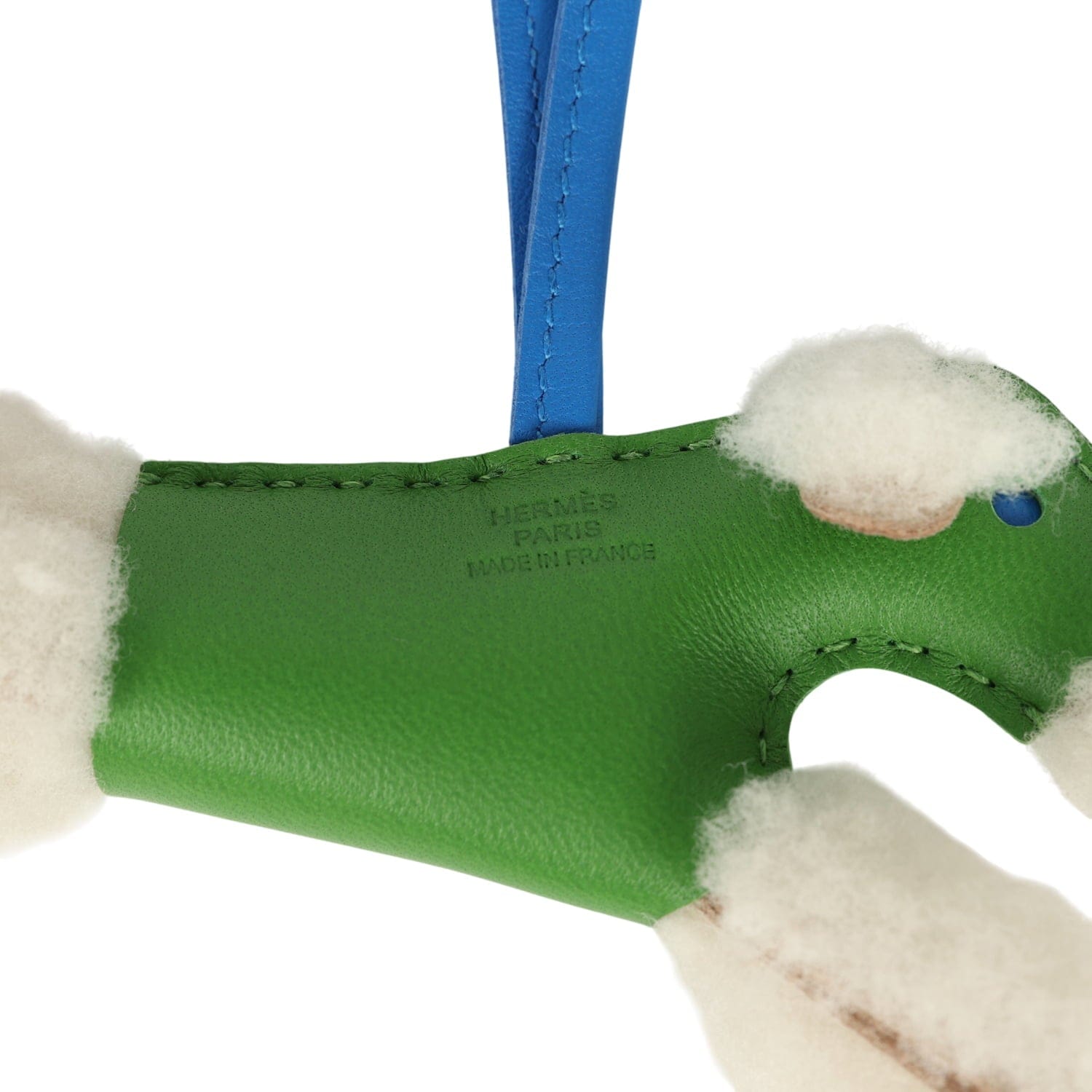 Hermes Budy Charm Vert Yucca and Bleu Hydra Milo Lambskin and Ecru Merino Wool