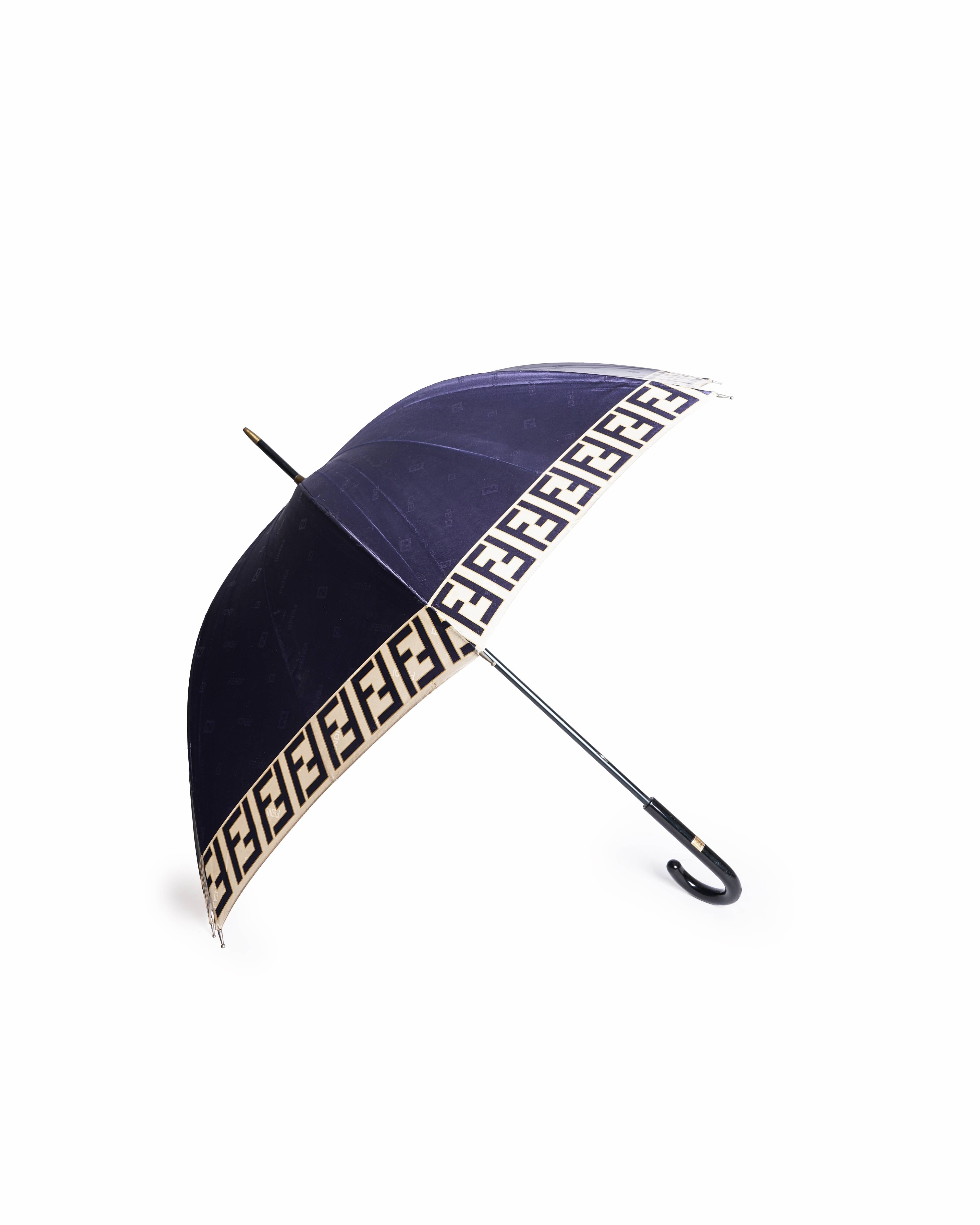 Fendi Navy Blue FF Signature Logo Border Umbrella