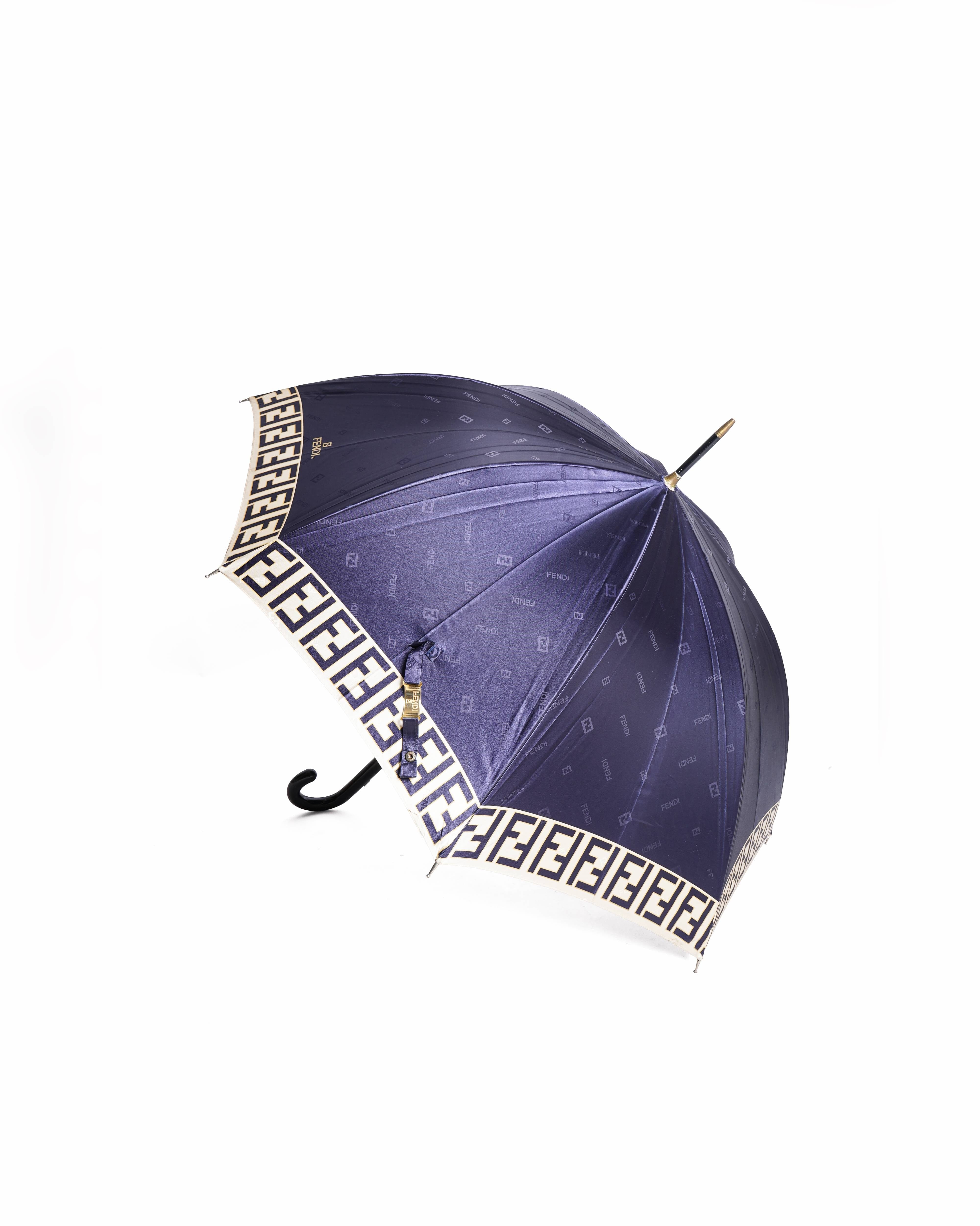 Fendi Navy Blue FF Signature Logo Border Umbrella