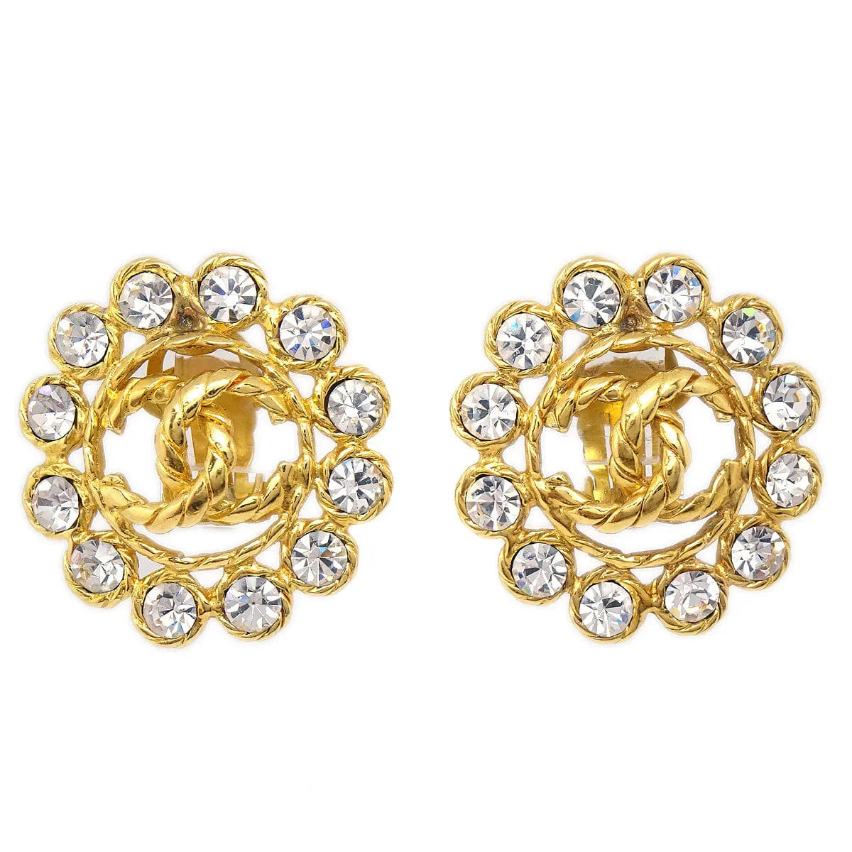 Chanel Button Rhinestone Earrings Clip - On 29 Gold