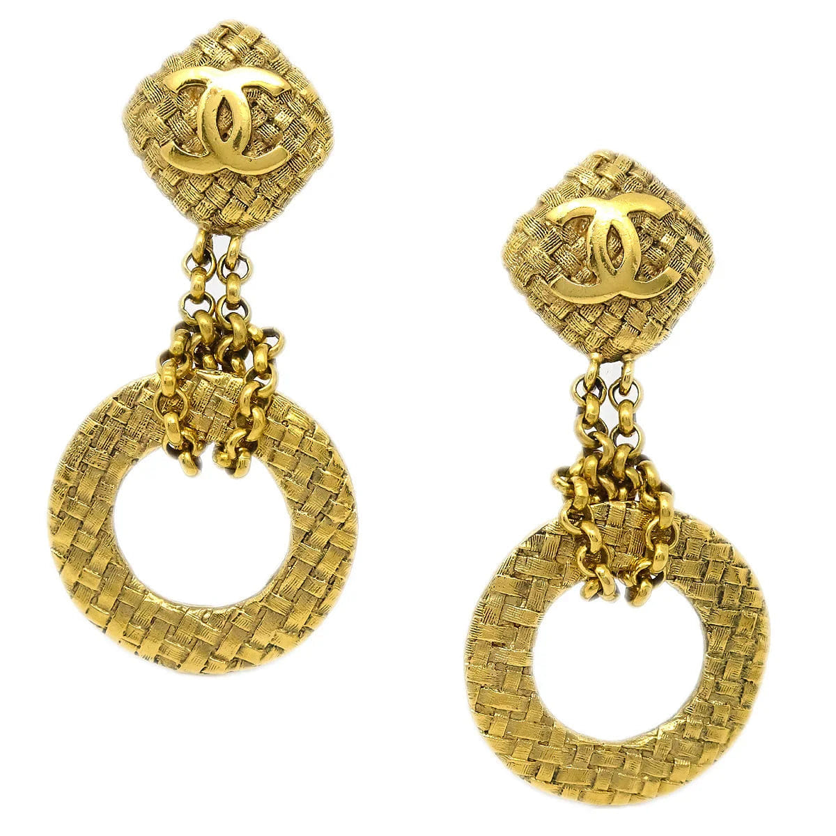 Chanel 1994 Dangle Hoop Woven CC Earrings Clip - On Gold 2881