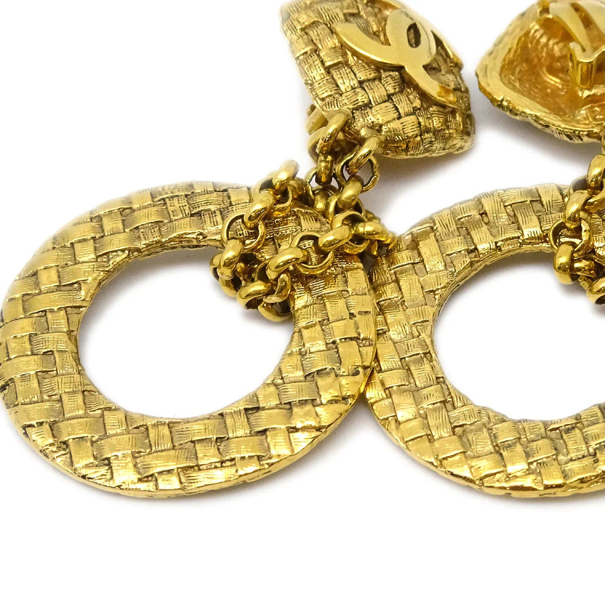 Chanel 1994 Dangle Hoop Woven CC Earrings Clip - On Gold 2881
