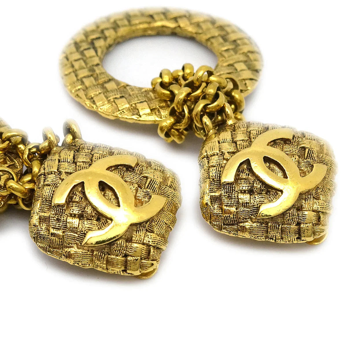 Chanel 1994 Dangle Hoop Woven CC Earrings Clip - On Gold 2881
