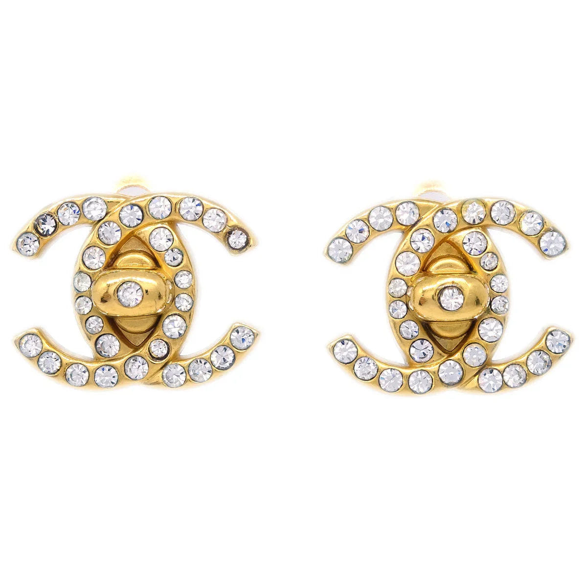 Chanel Gold CC Turnlock Earrings Rhinestone Clip - On Small 96A