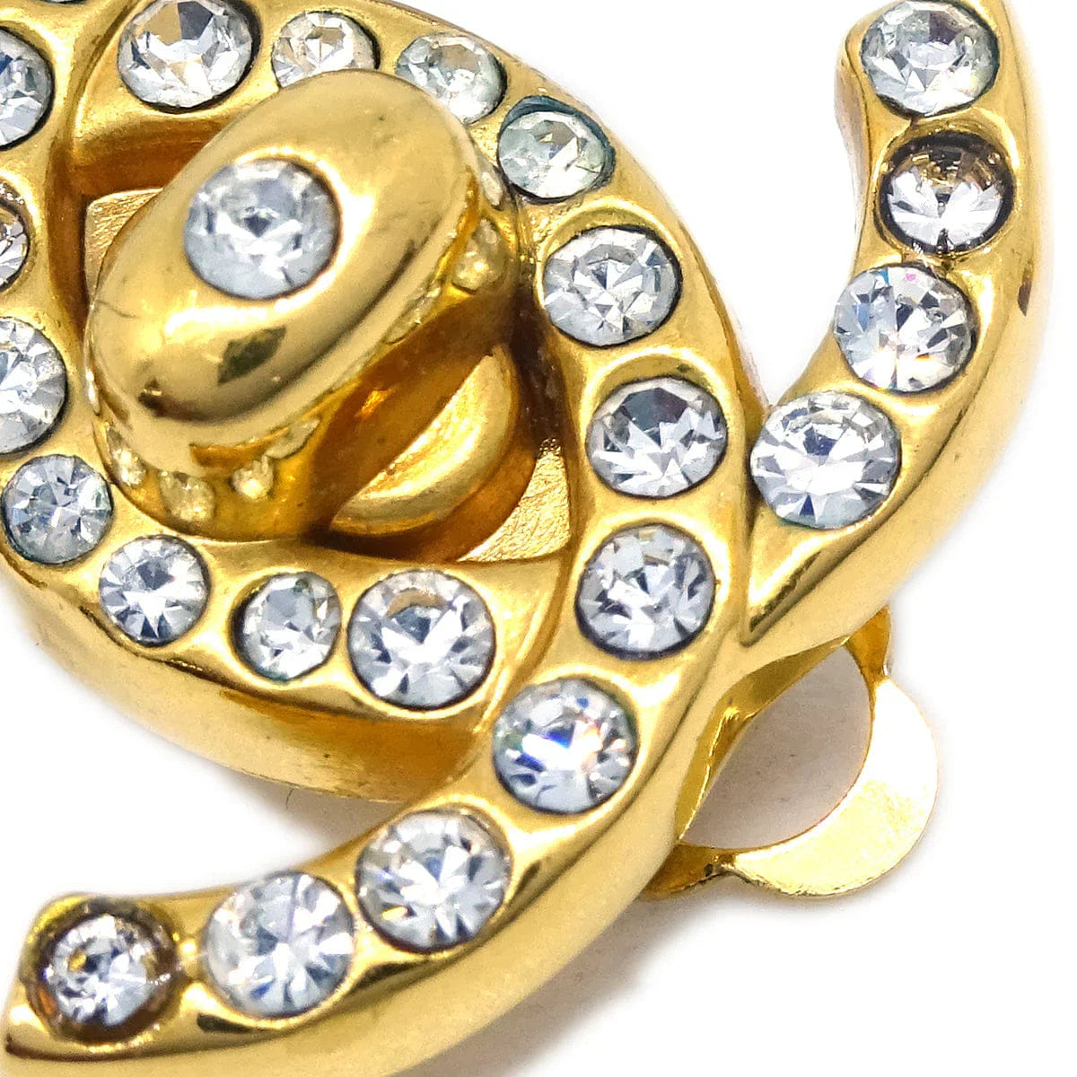 Chanel Gold CC Turnlock Earrings Rhinestone Clip - On Small 96A