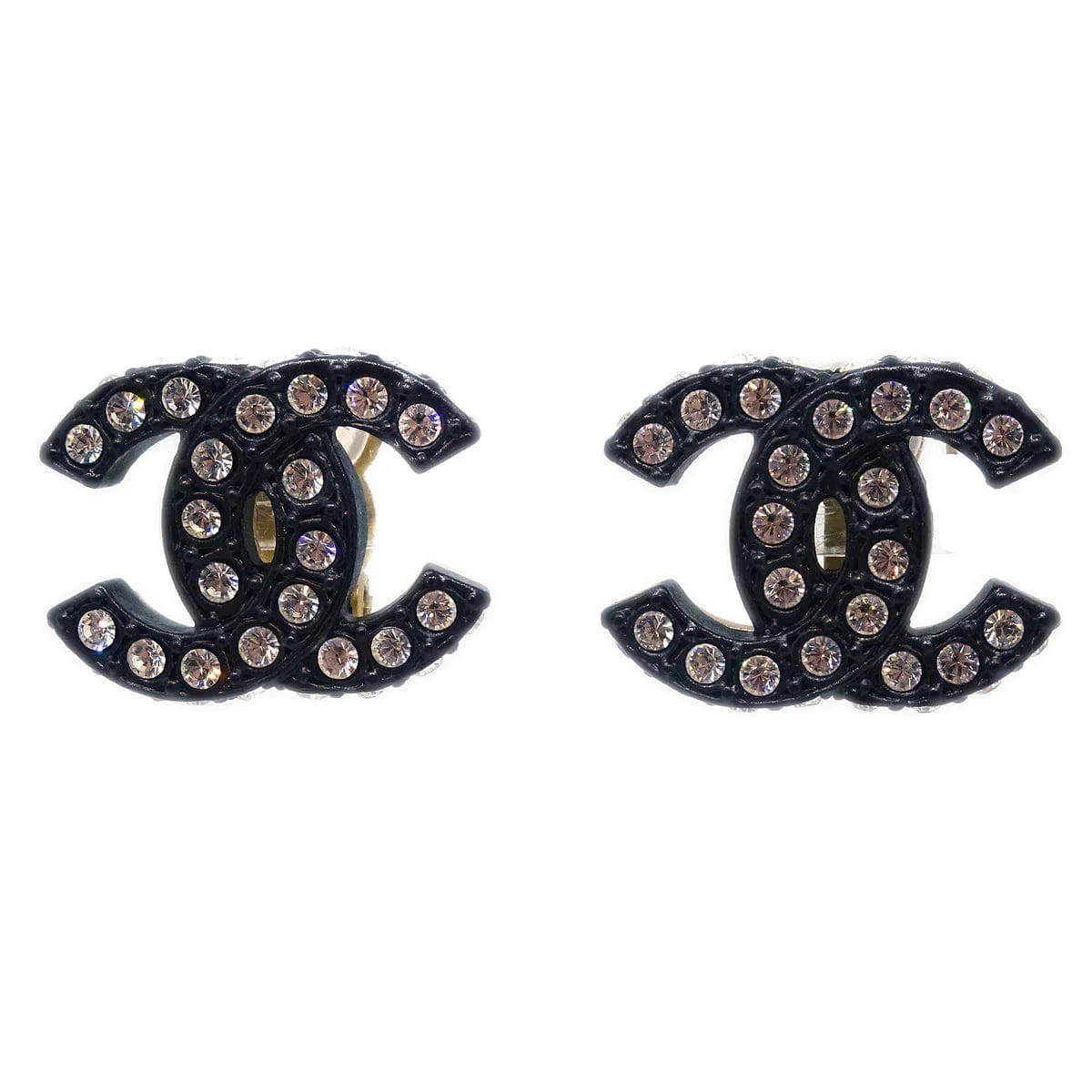 Chanel Black CC Earrings Rhinestone Clip - On 02A