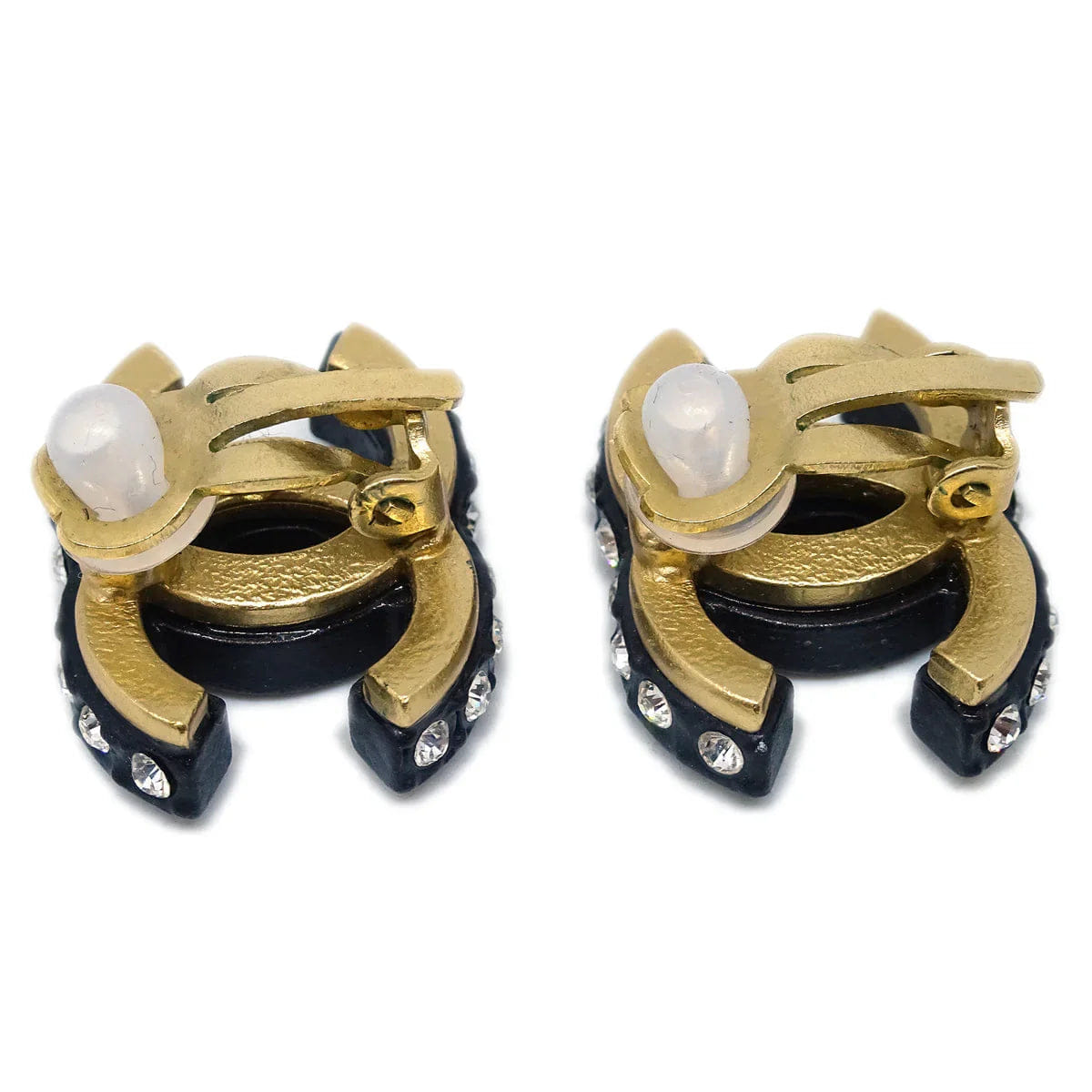 Chanel Black CC Earrings Rhinestone Clip - On 02A