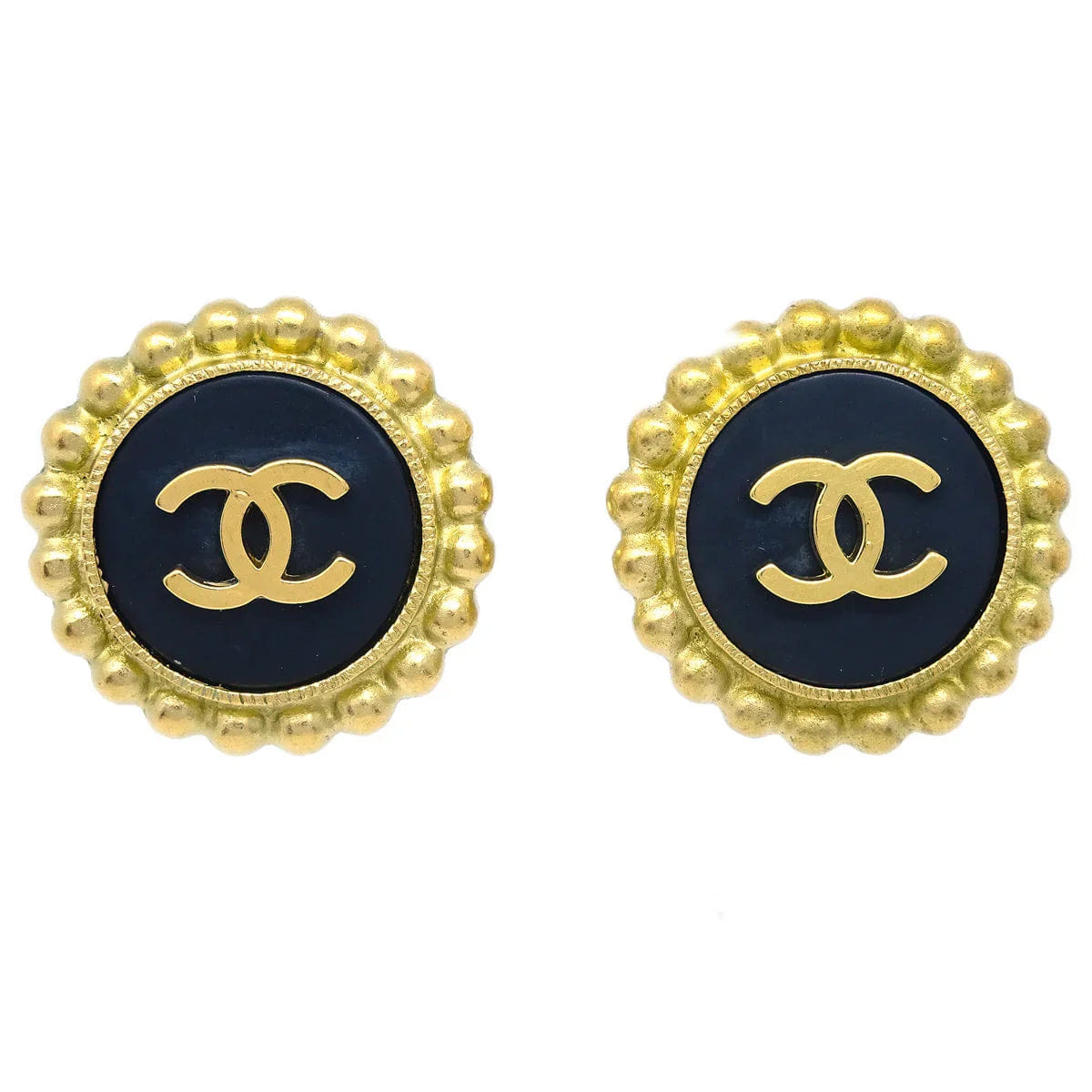 Chanel Gold Black Button Earrings Clip - On 95P
