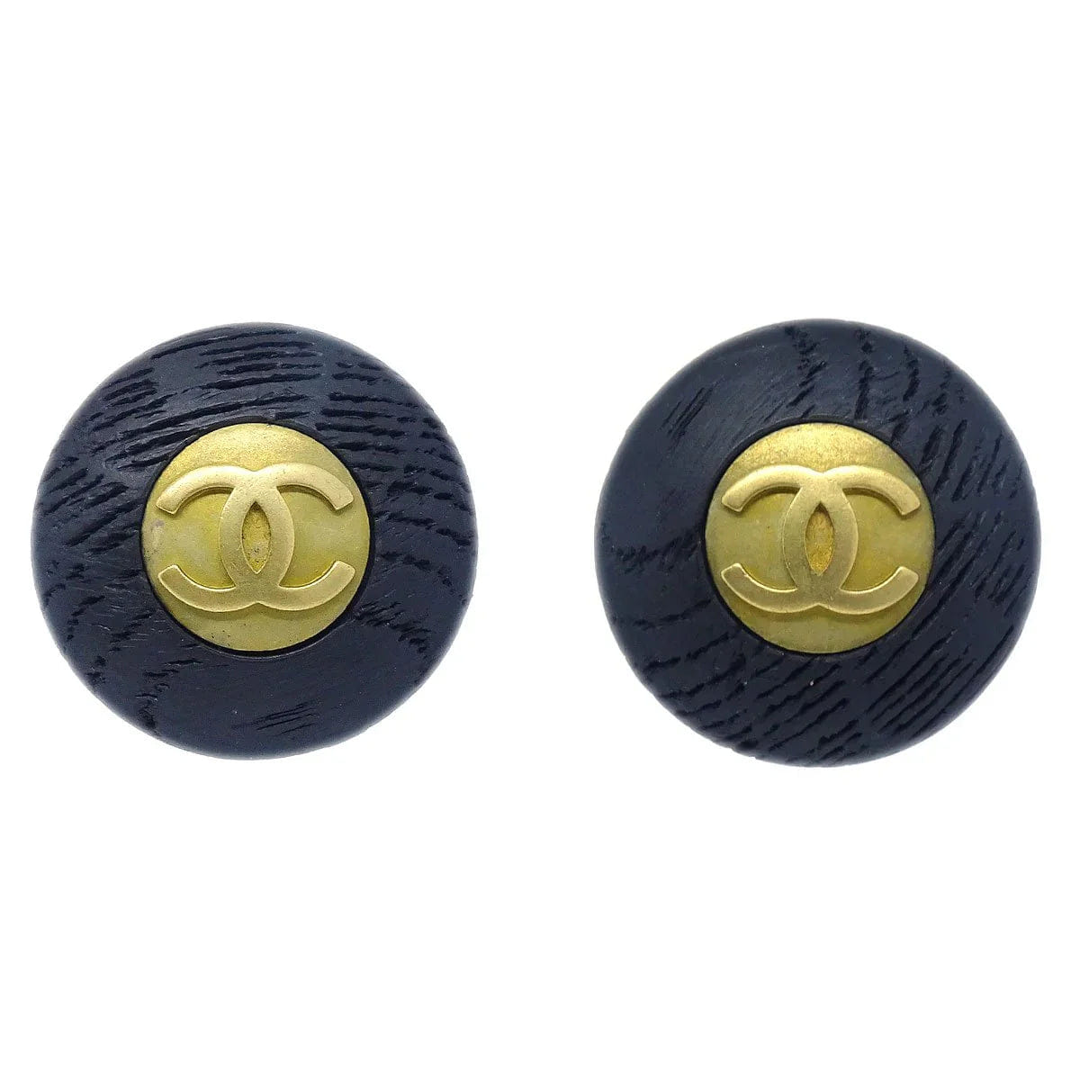 Chanel Button Earrings Gold Black Clip - On 94P