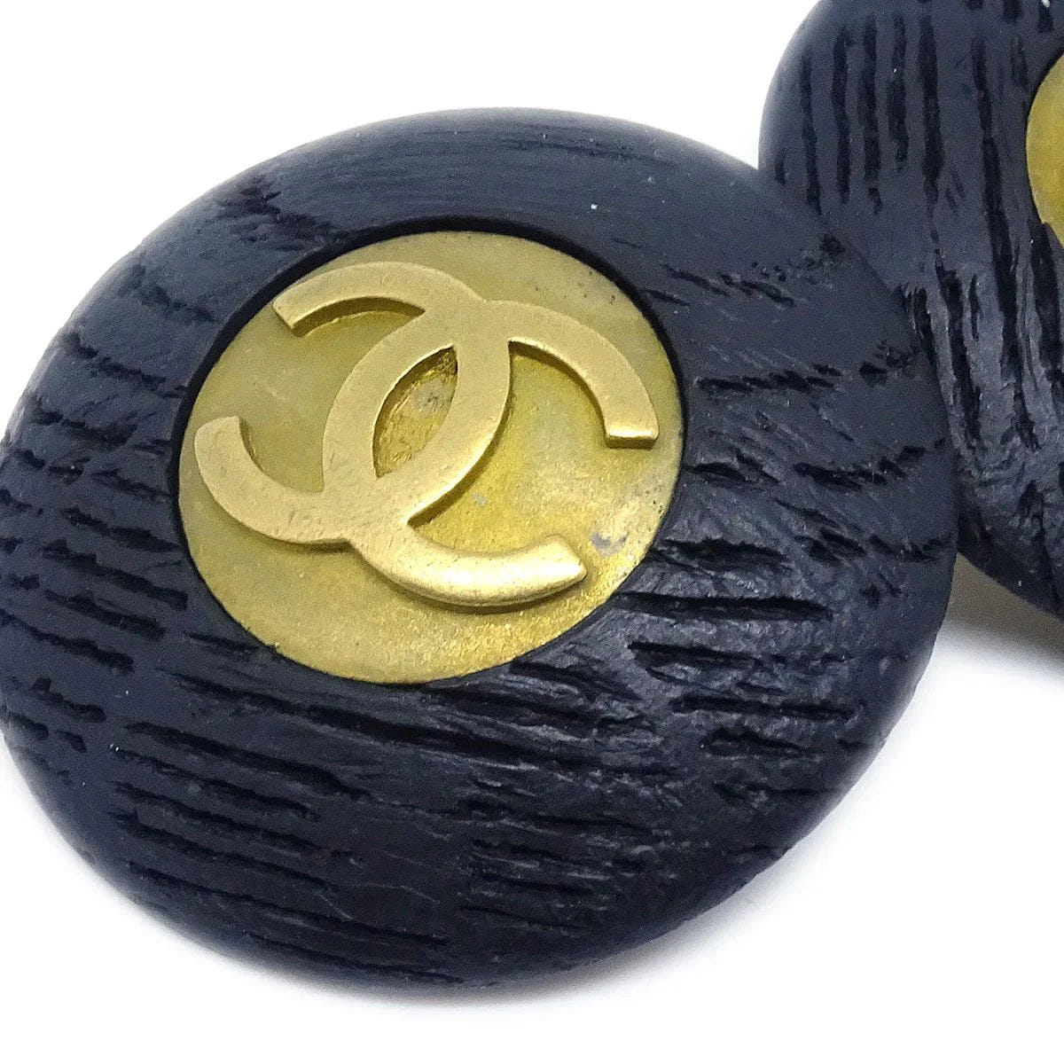 Chanel Button Earrings Gold Black Clip - On 94P