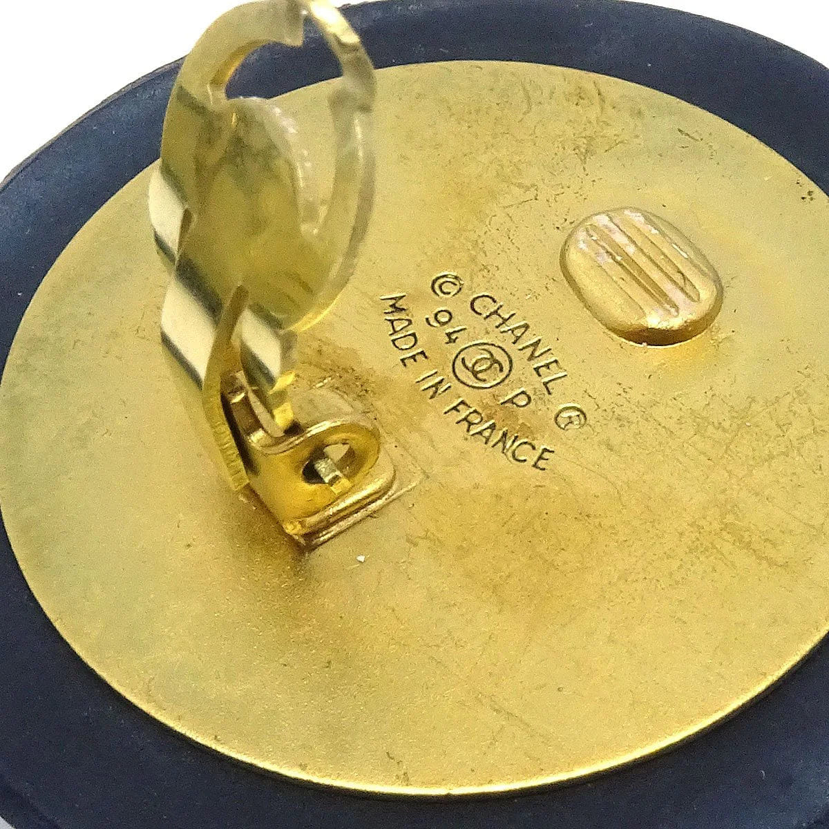 Chanel Button Earrings Gold Black Clip - On 94P