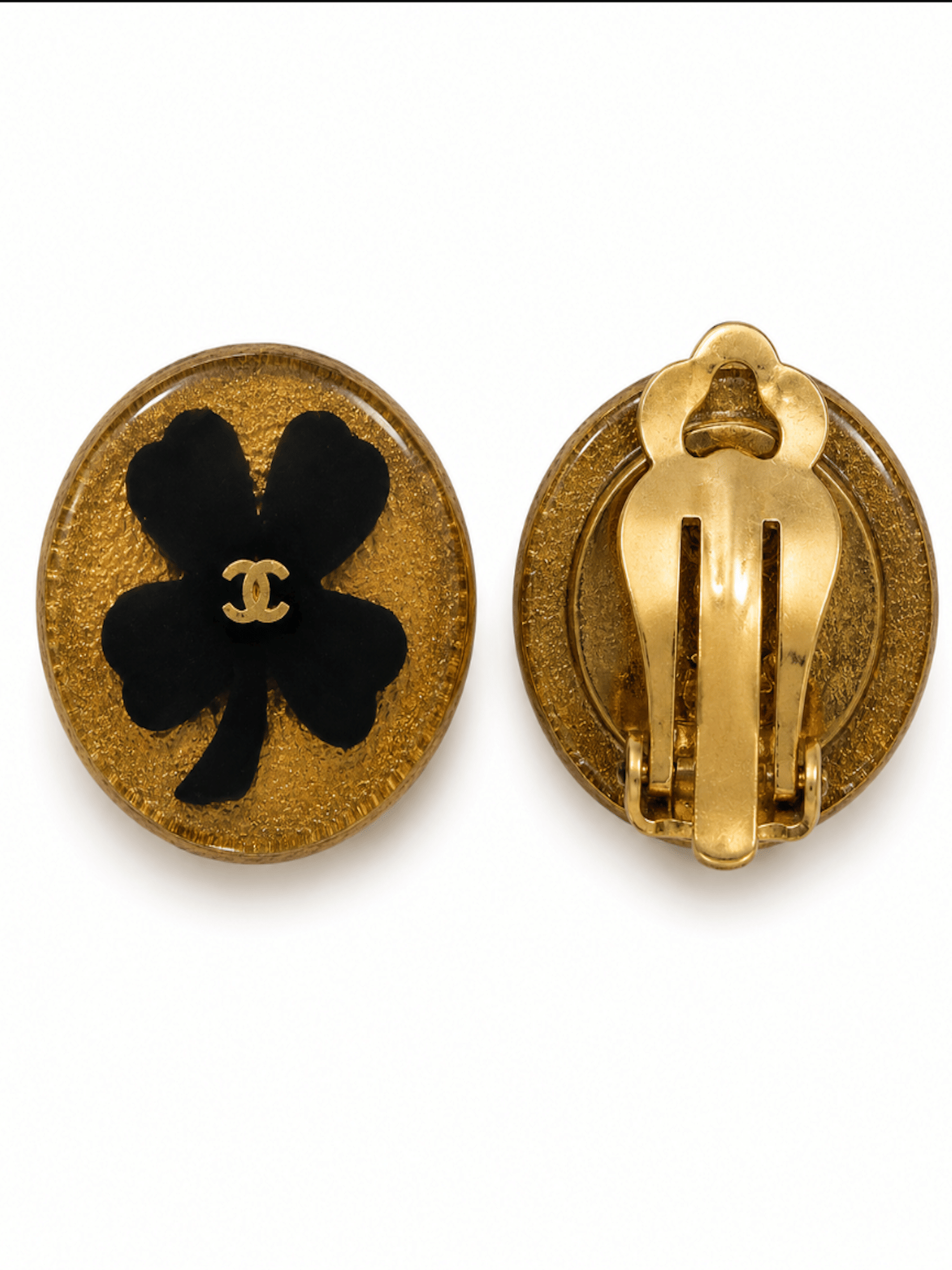 CHANEL Vintage 24K CC Logo Lucky Clover Pearl Clip On Earrings Gold