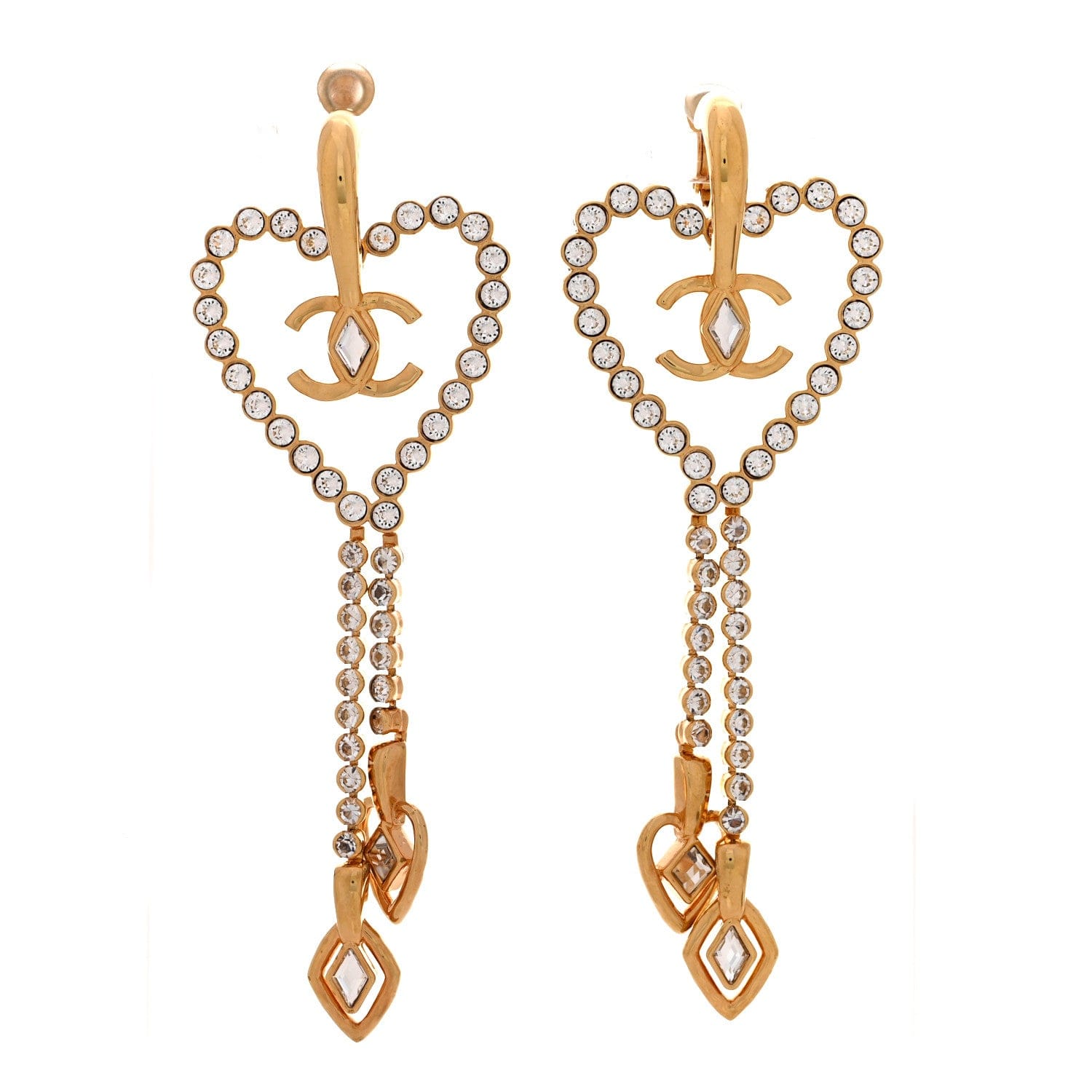 Chanel Metal Crystal CC Heart Chain Drop Clip On Earrings Gold