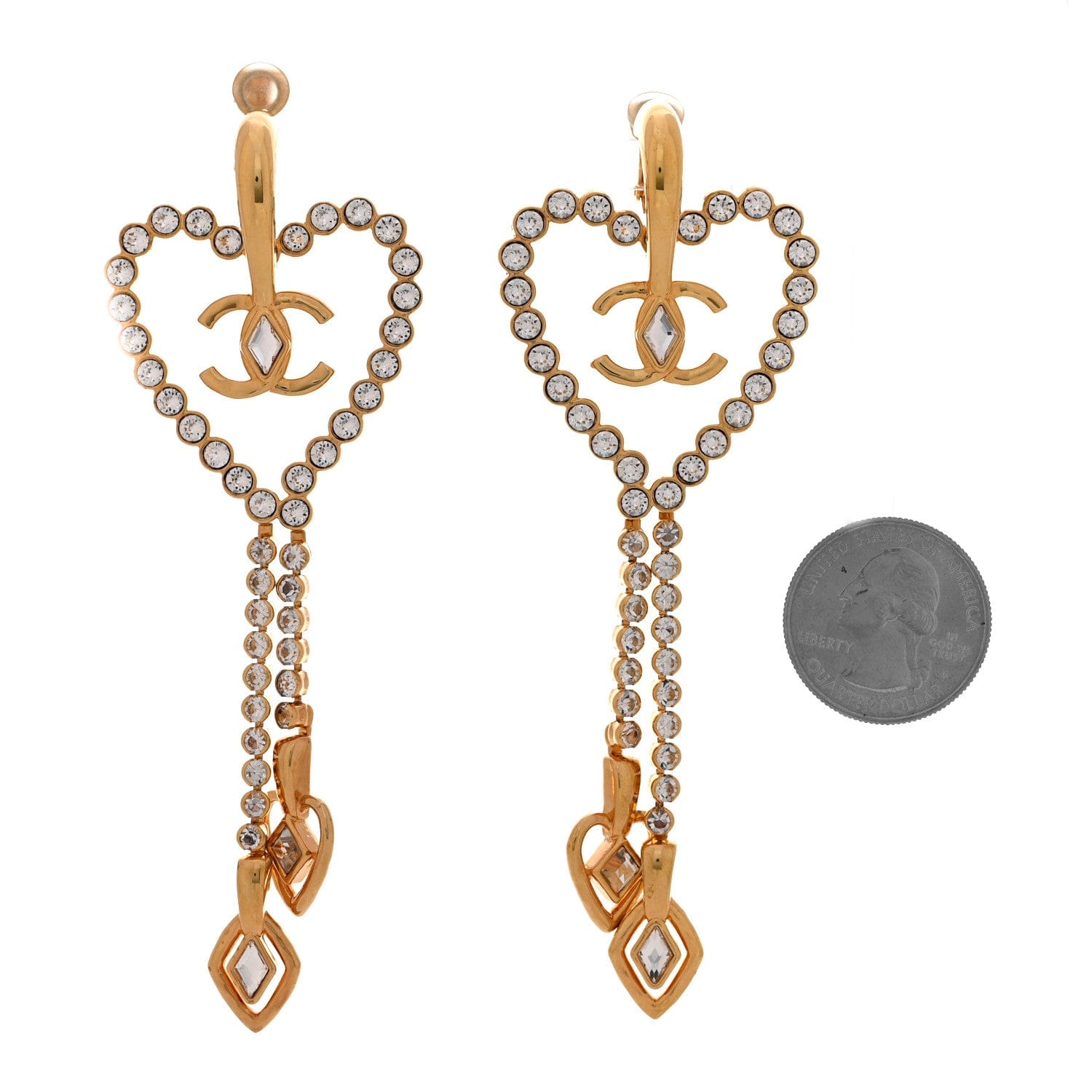 Chanel Metal Crystal CC Heart Chain Drop Clip On Earrings Gold