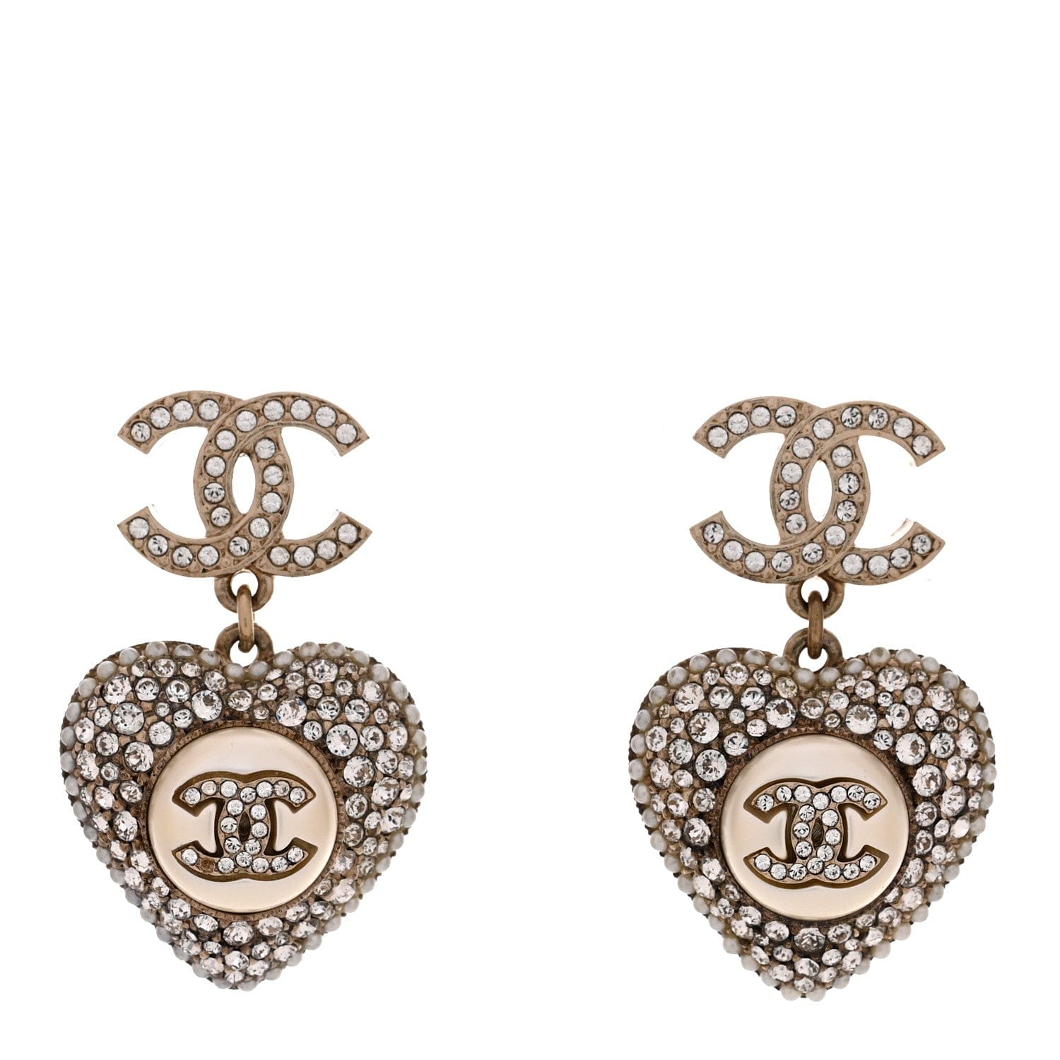 Chanel Pearl Crystal CC Heart Drop Earrings Gold White