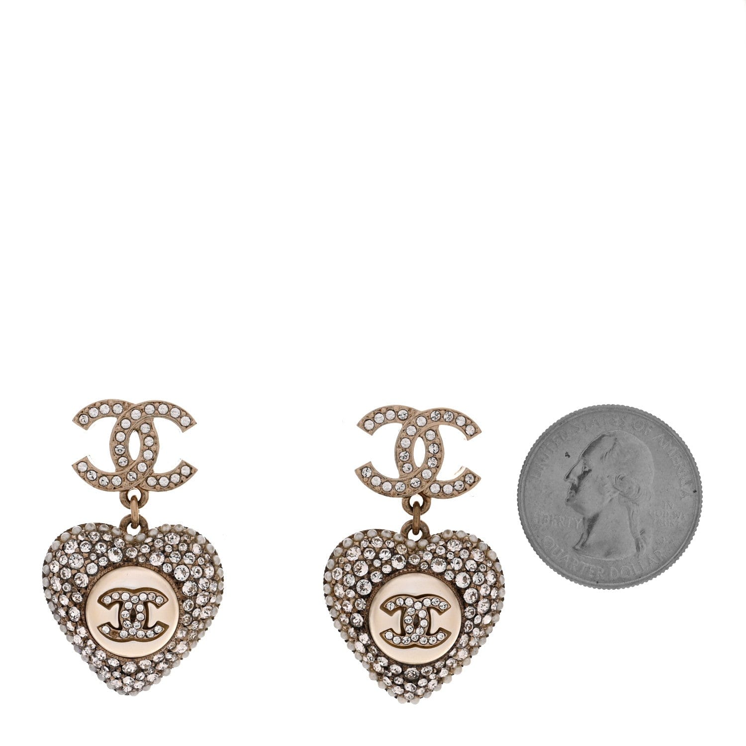 Chanel Pearl Crystal CC Heart Drop Earrings Gold White