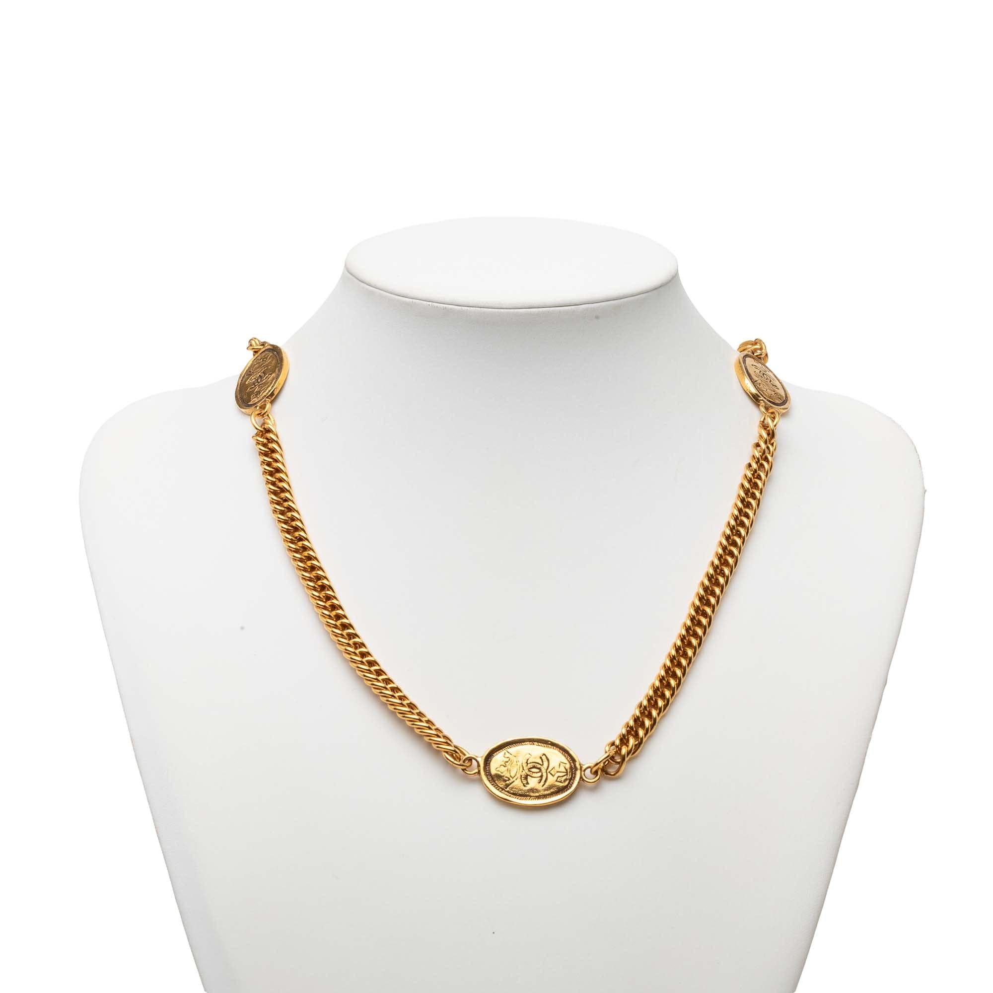 Chanel CC Gold Plated Crown Medallion Station Necklace