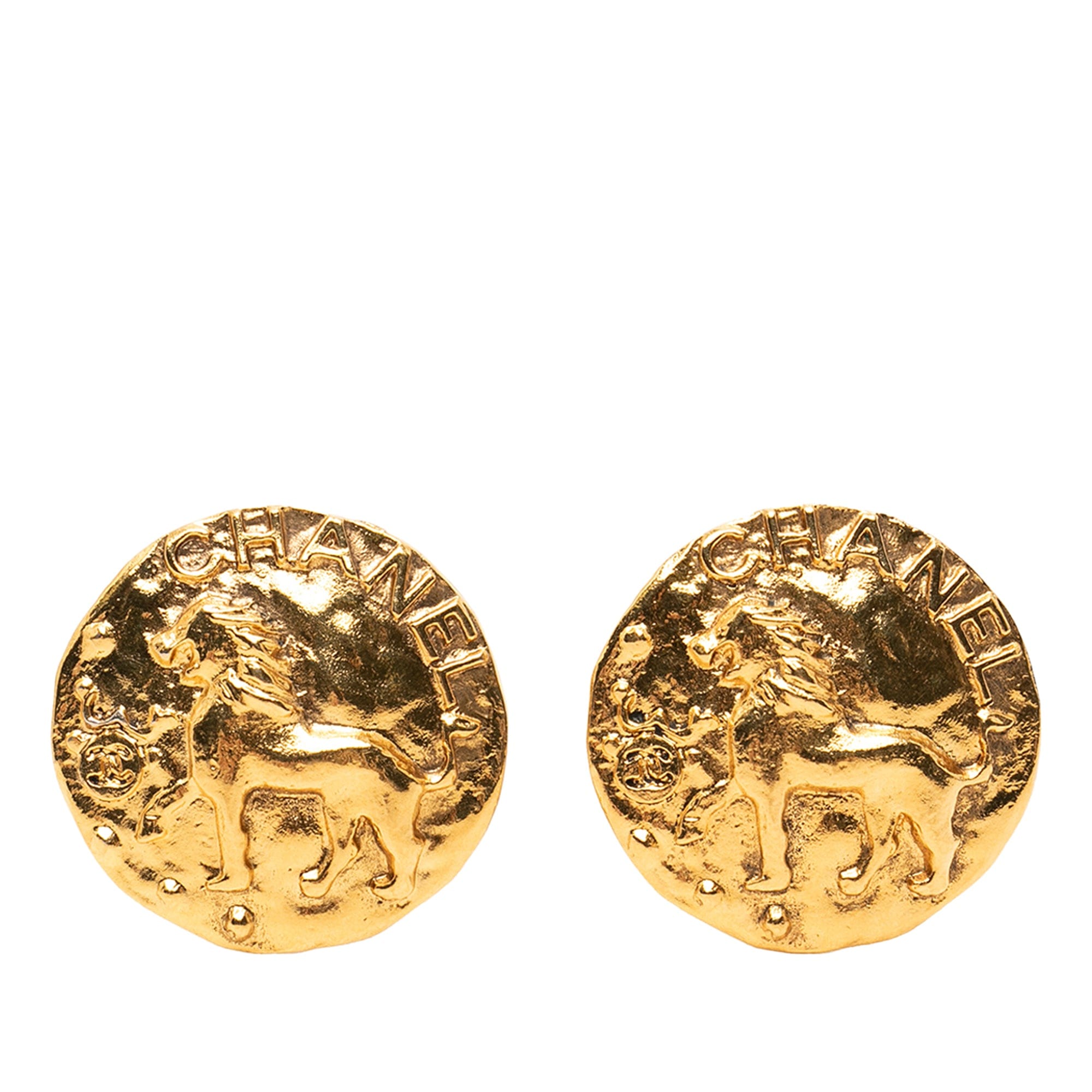 Chanel CC Gold Plated Lion Round Clip On Earrings