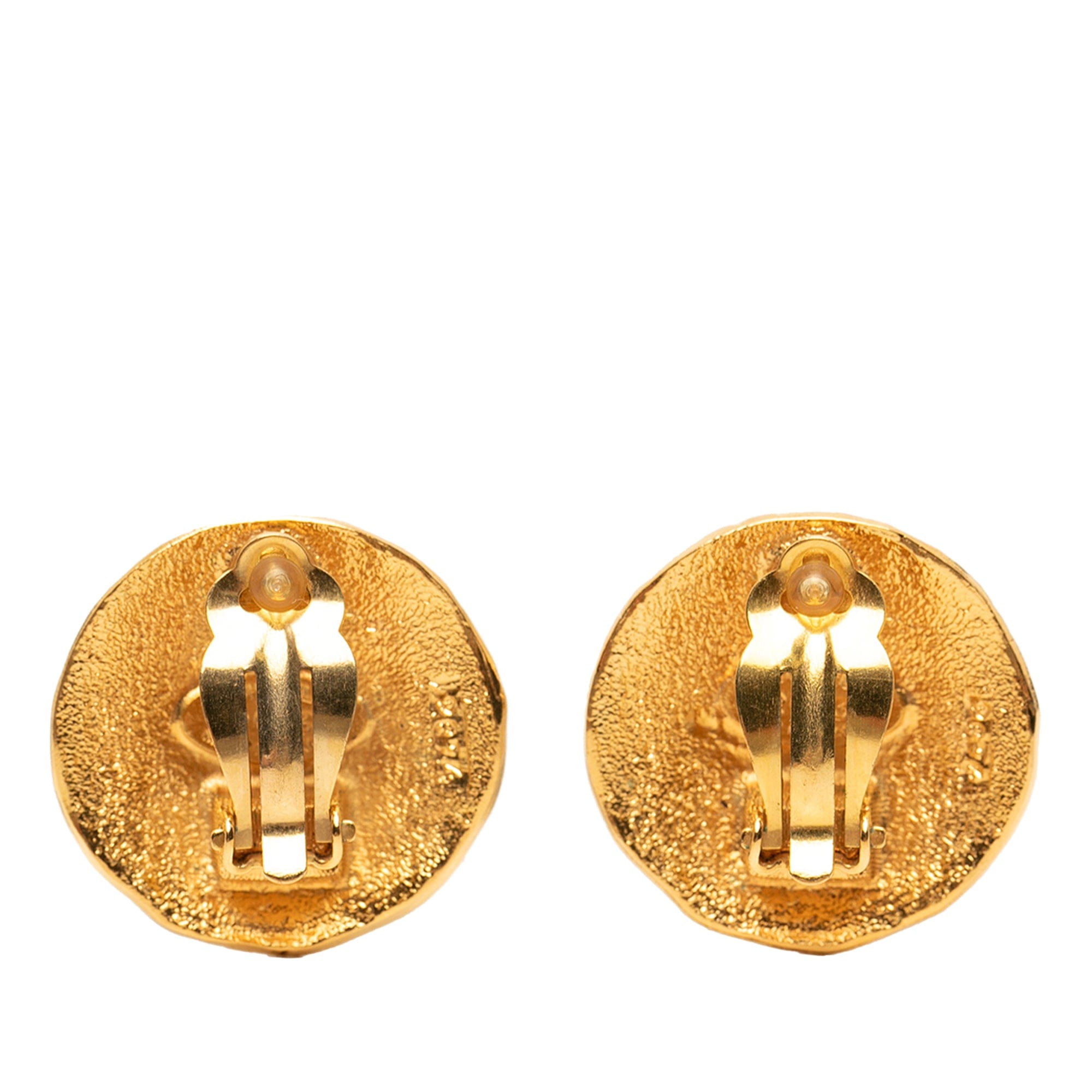 Chanel CC Gold Plated Lion Round Clip On Earrings