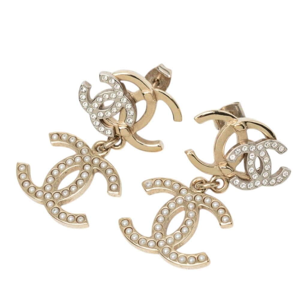 Chanel Gold Plated Strass and Faux Pearl Double CC Drop Push Back Earrings